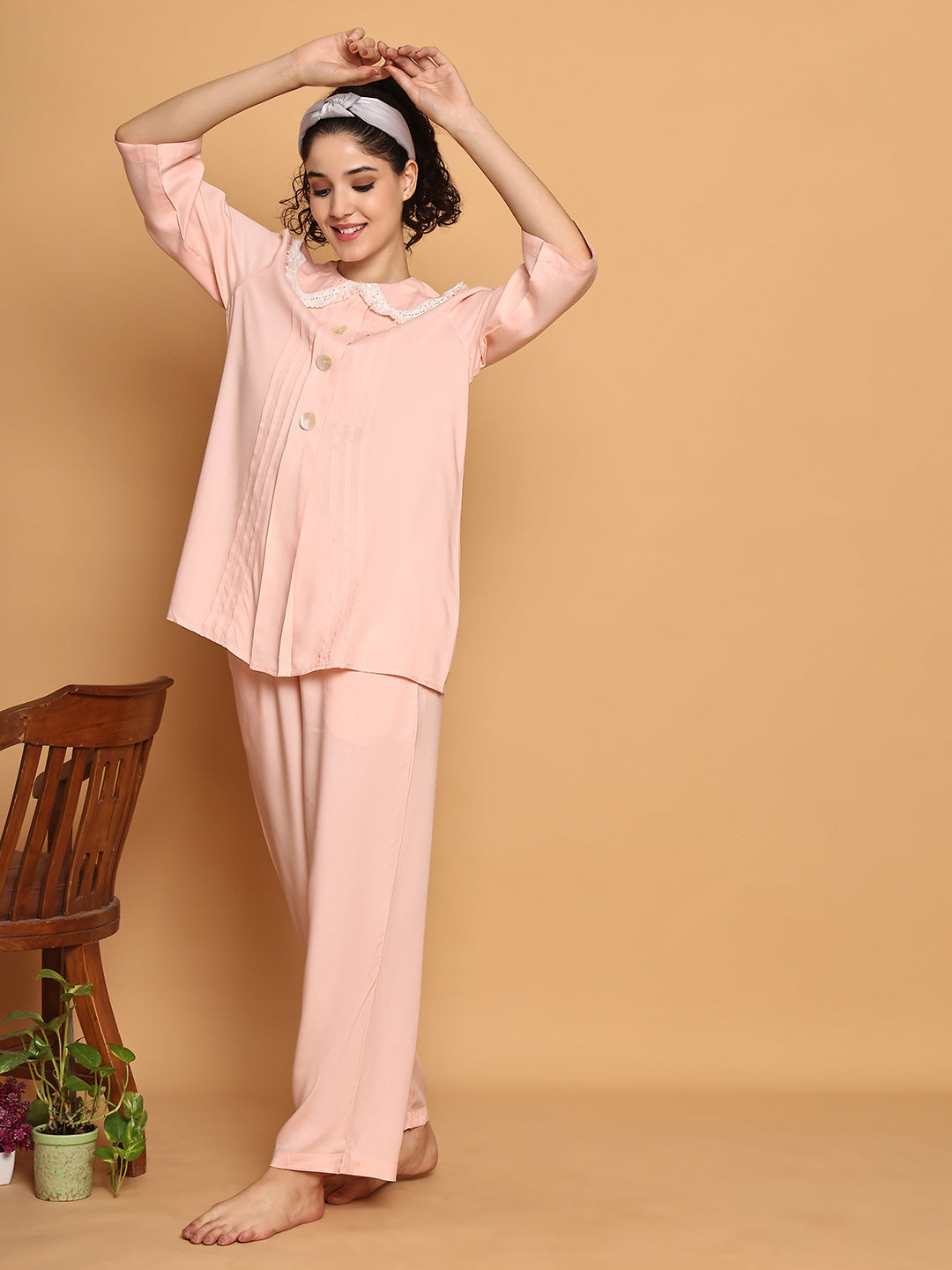 Baby Pink Fringe Lace Collar Nightwear