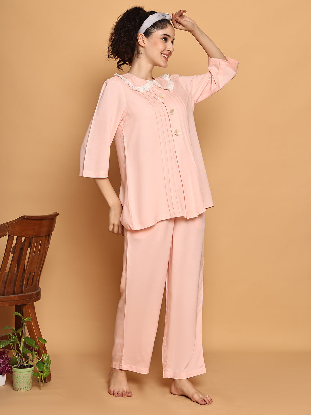 Baby Pink Fringe Lace Collar Nightwear