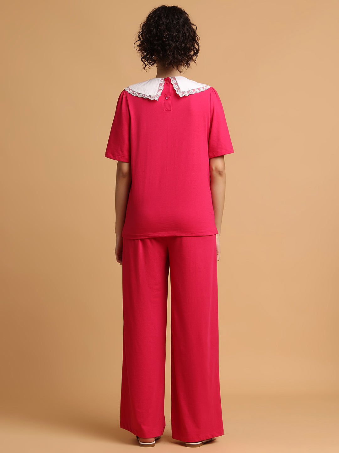 Pink Contrast Collared T-shirt with Lower