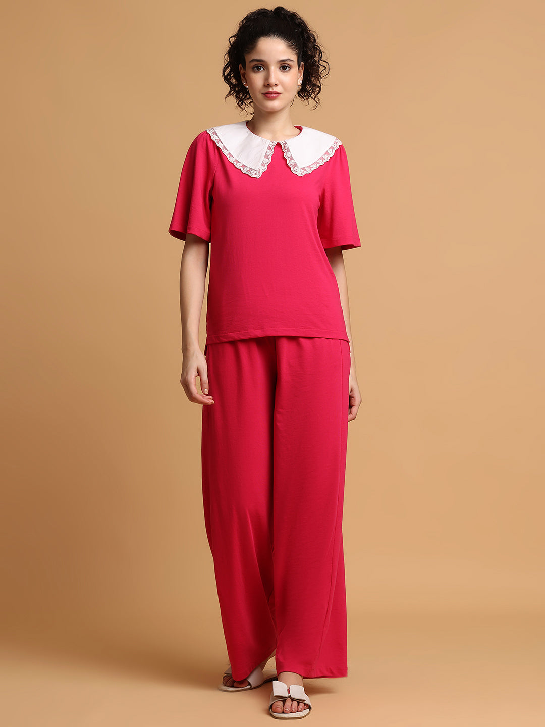 Pink Contrast Collared T-shirt with Lower