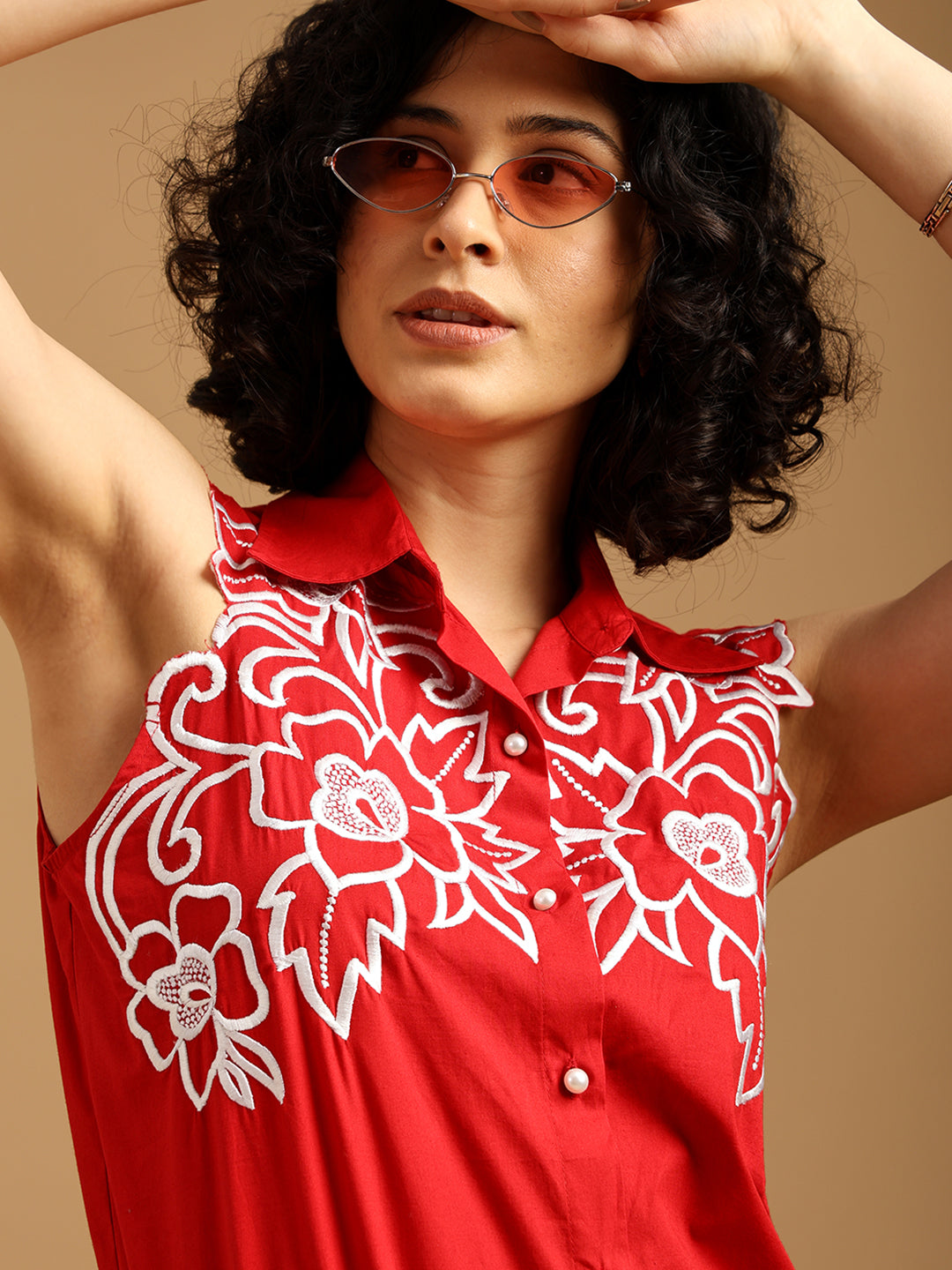 Red Shirt with white Cut Out Embroidery