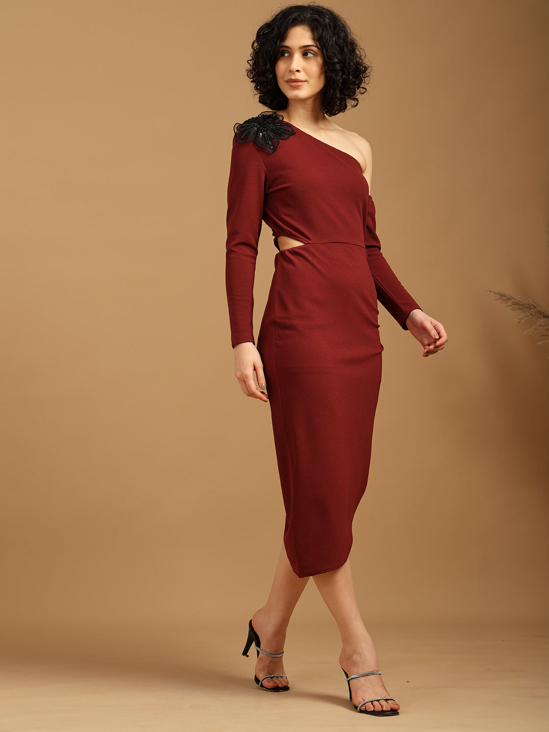 One-Shoulder Floral Embellished Dress