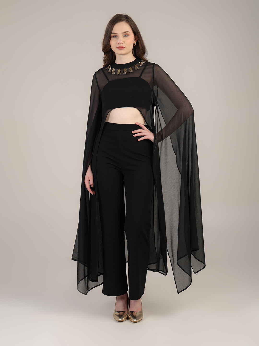 Dramatic Black cape with cami and trousers