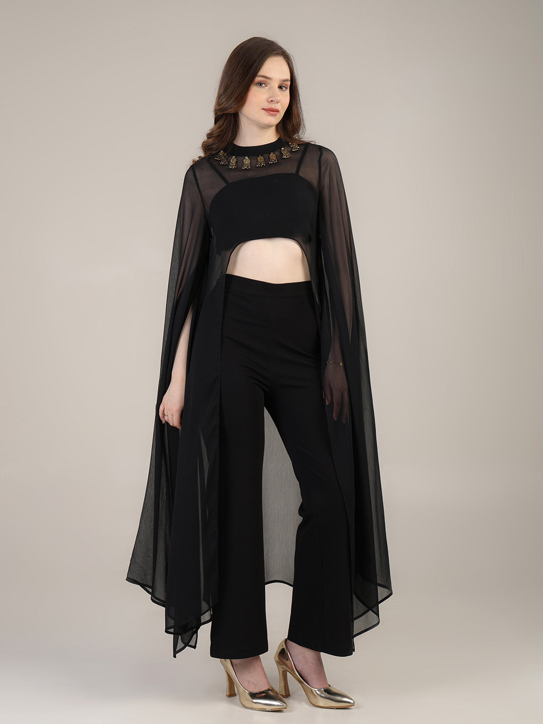 Dramatic Black cape with cami and trousers