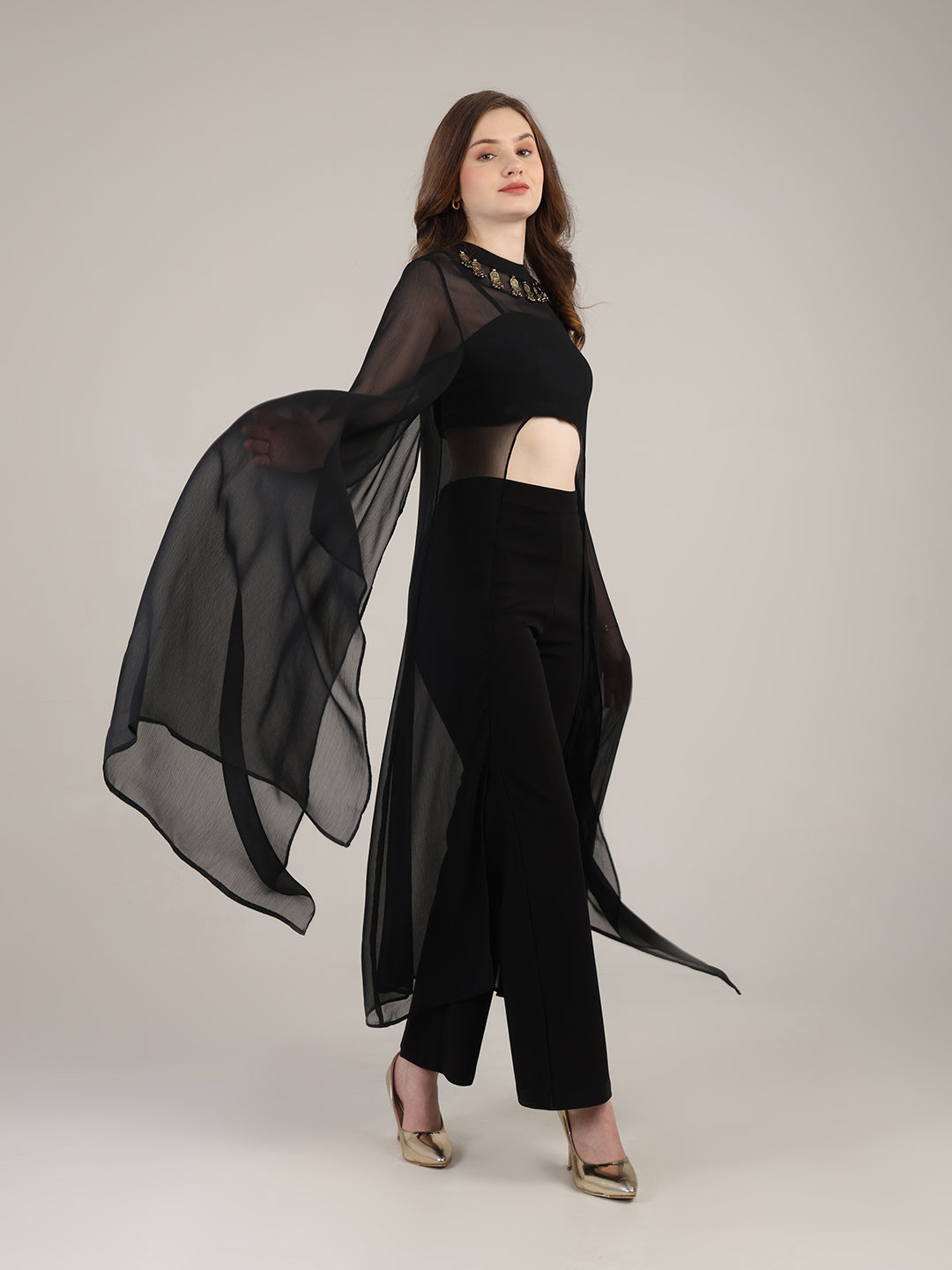 Dramatic Black cape with cami and trousers