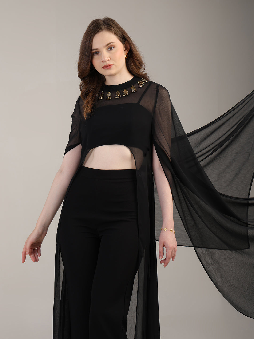 Dramatic Black cape with cami and trousers