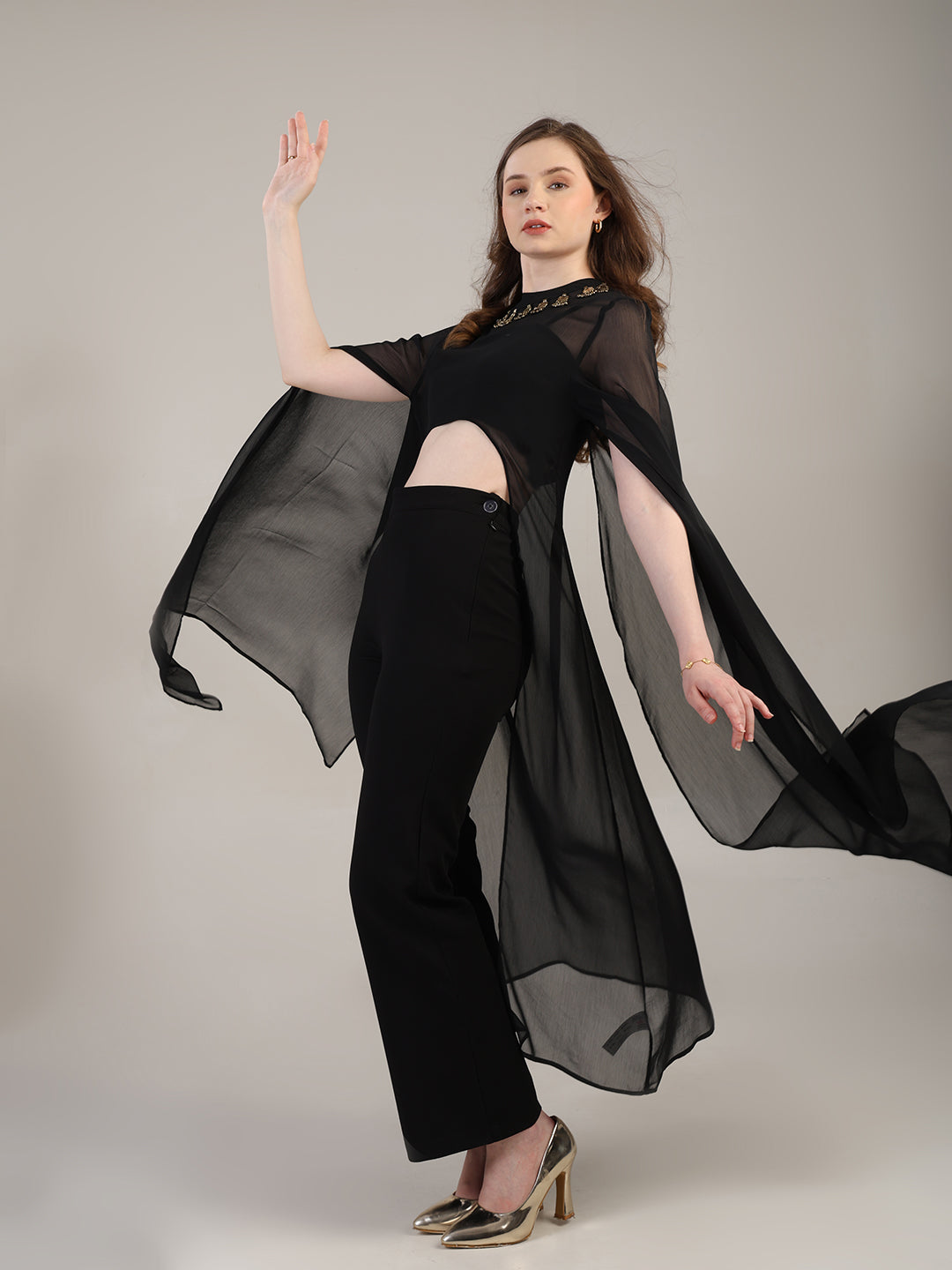 Dramatic Black cape with cami and trousers