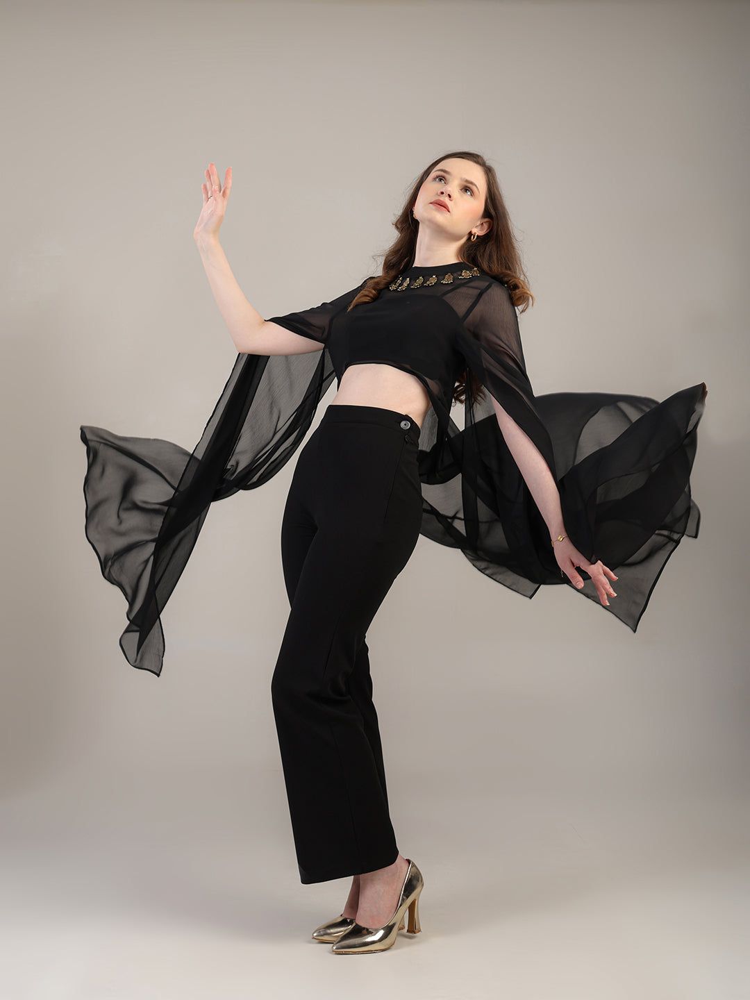 Dramatic Black cape with cami and trousers