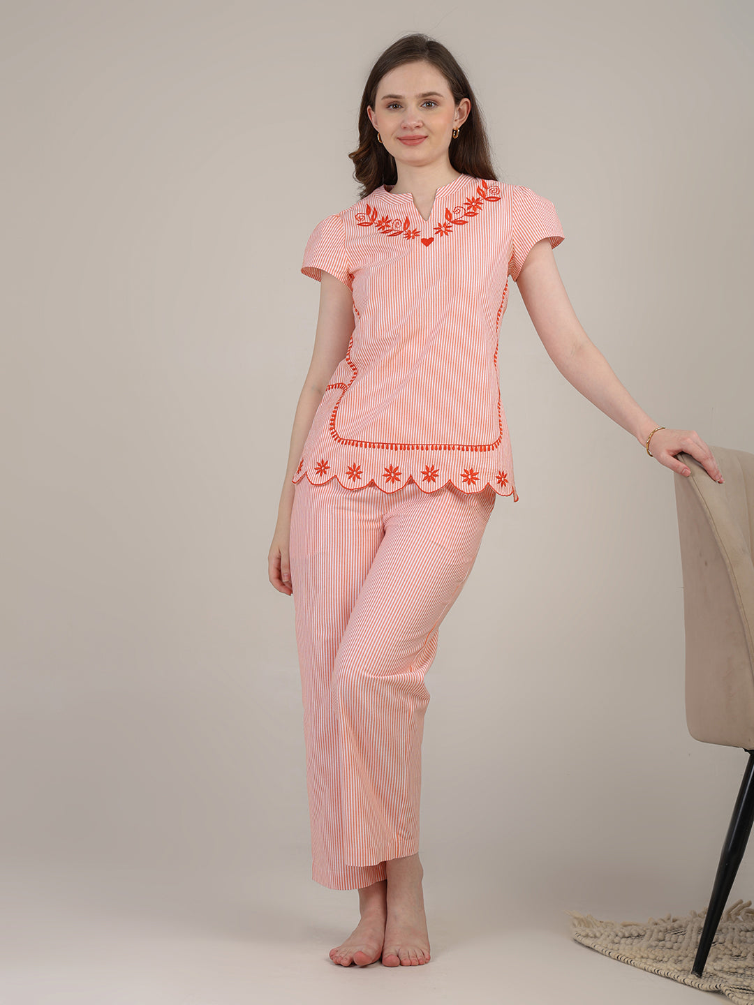 Orange Striper nightwear with embroidery