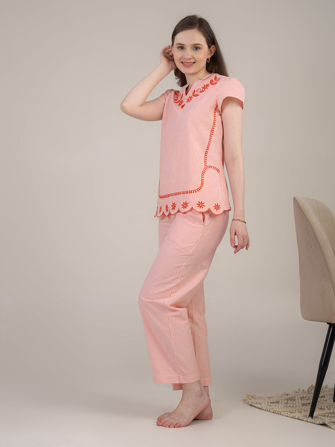 Orange Striper nightwear with embroidery
