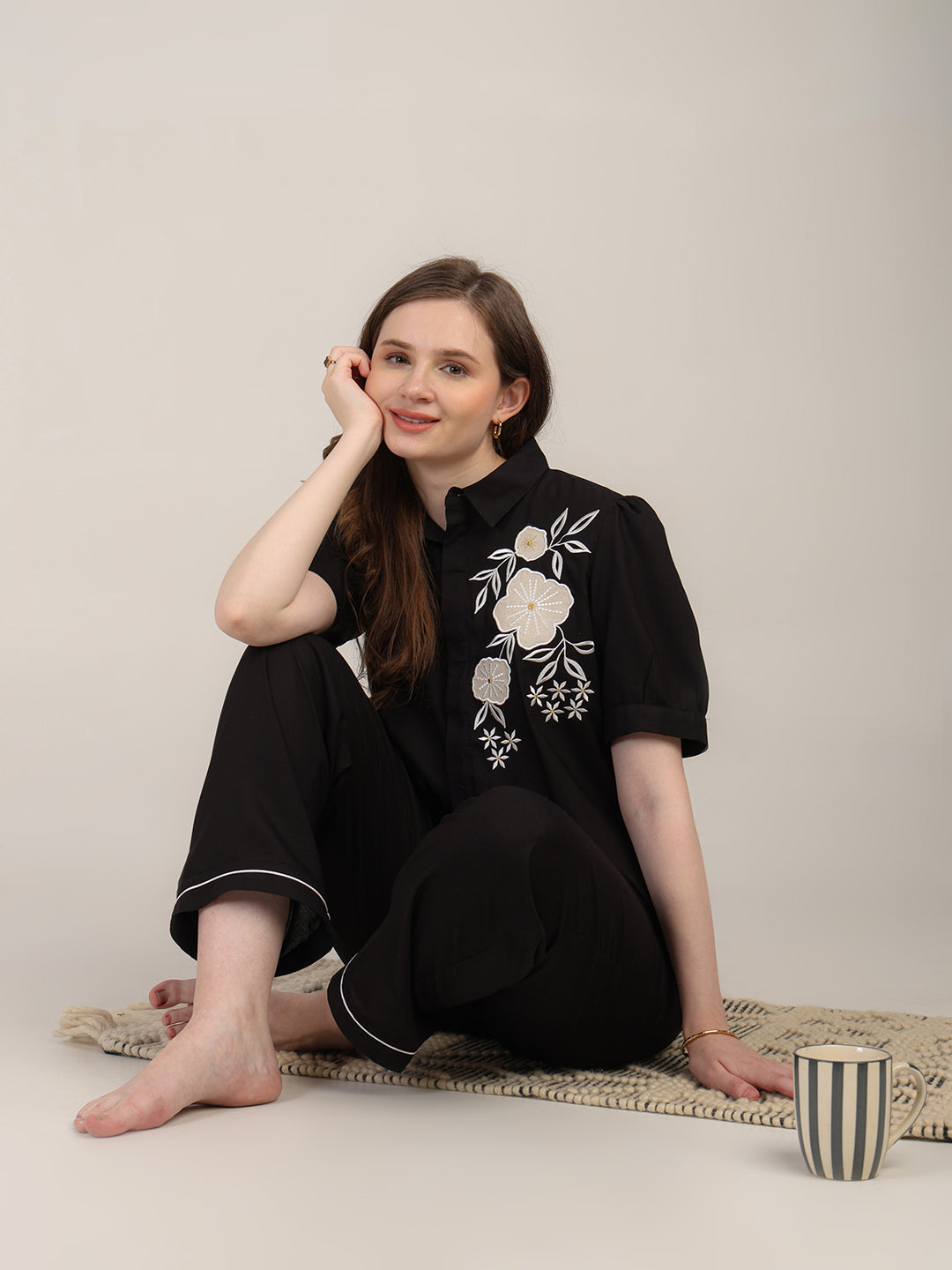 Black PYJAMA SET WITH applique embroidery
