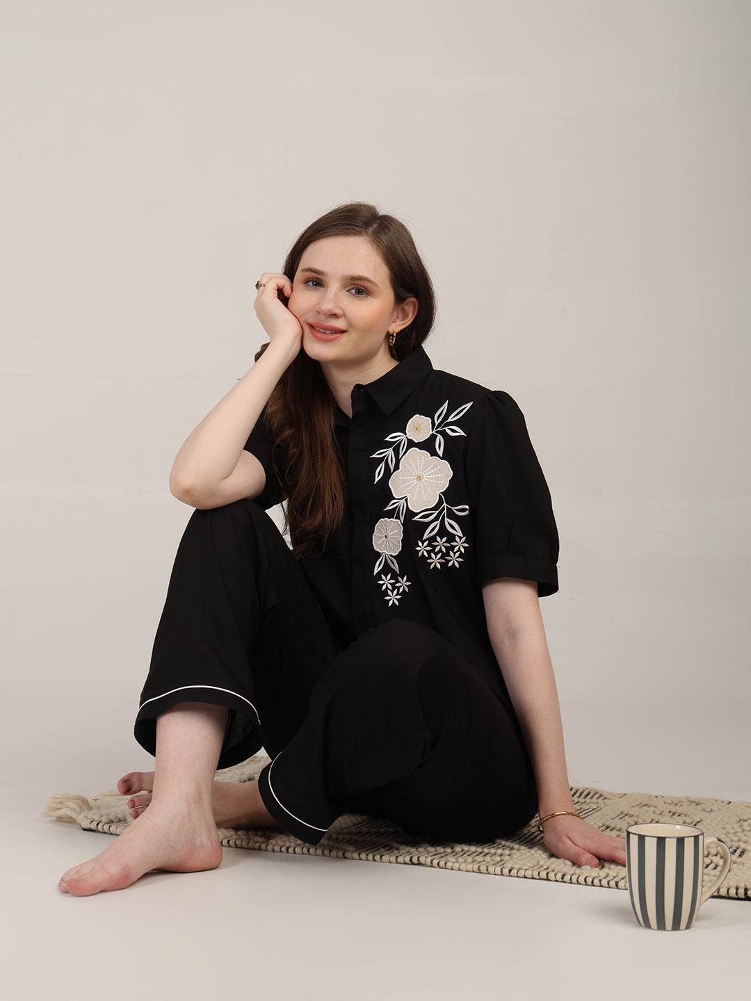Black PYJAMA SET WITH applique embroidery