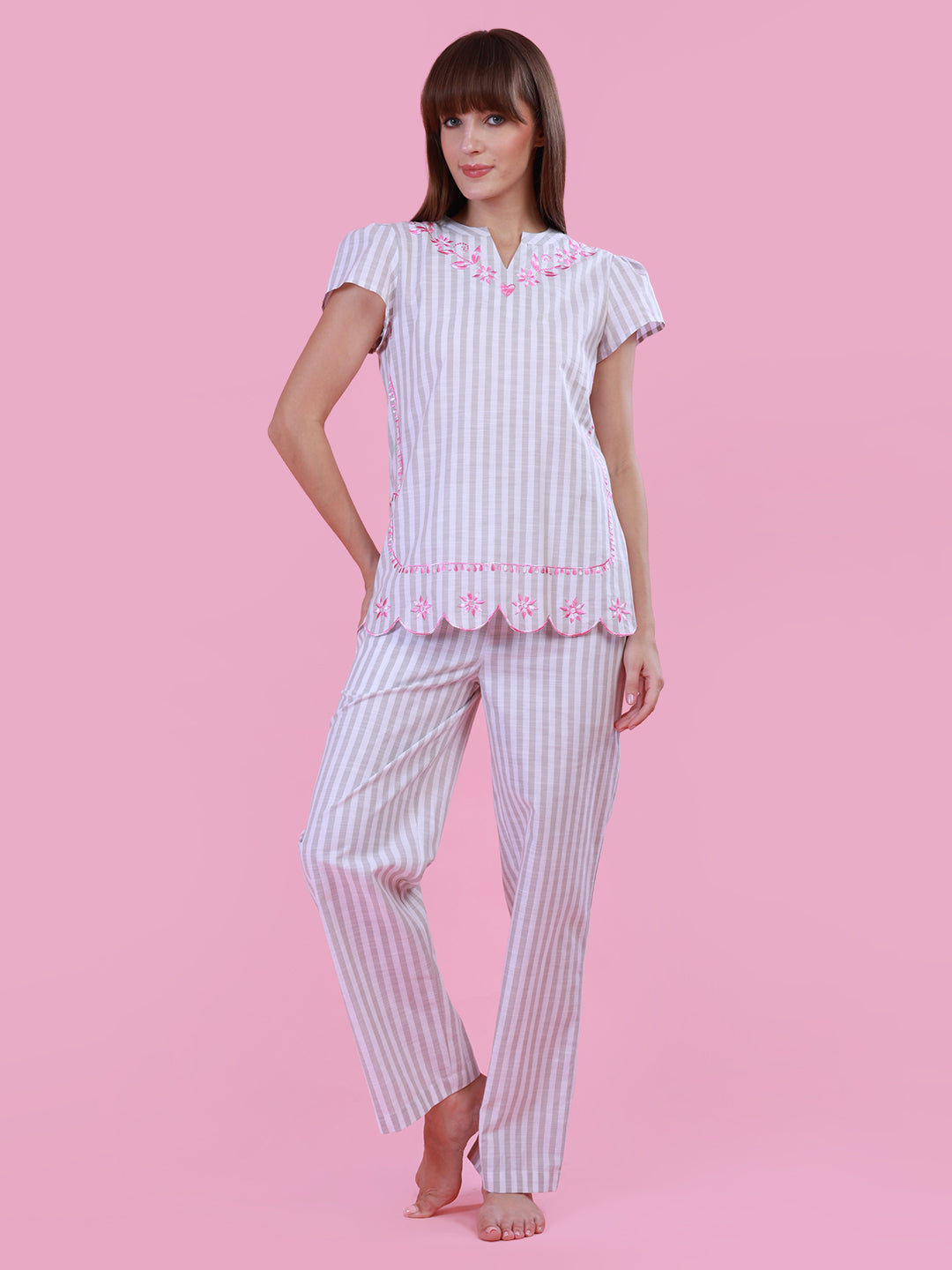 Grey Striper Nightwear with Embroidery for women