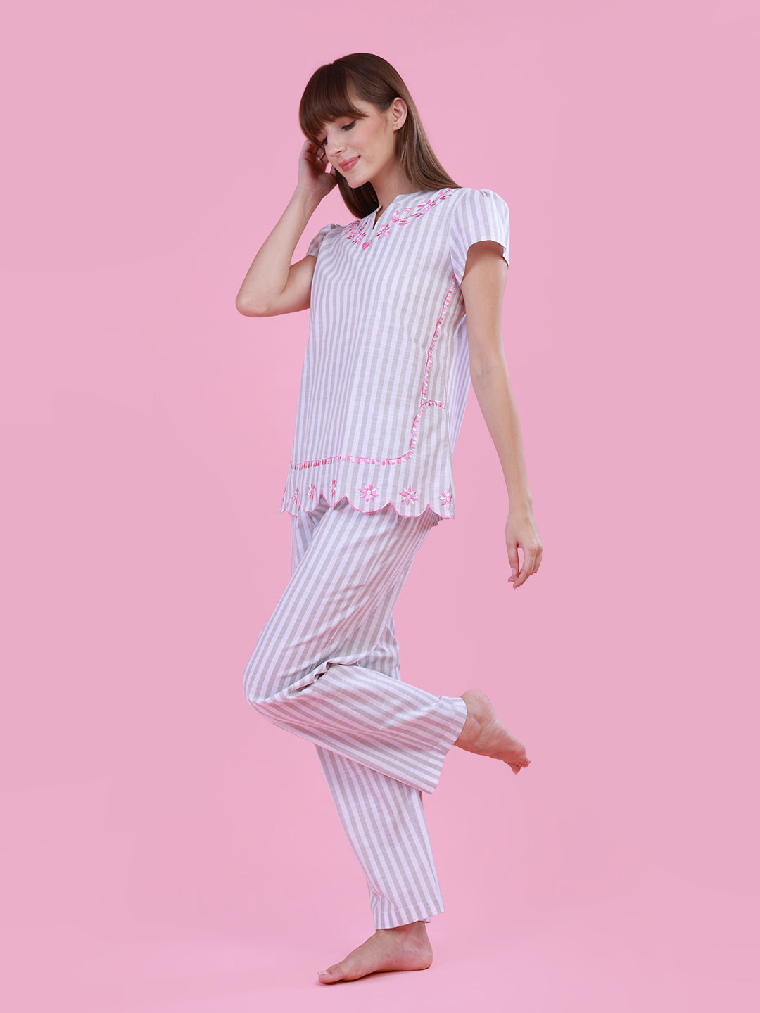 Grey Striper Nightwear with Embroidery for women