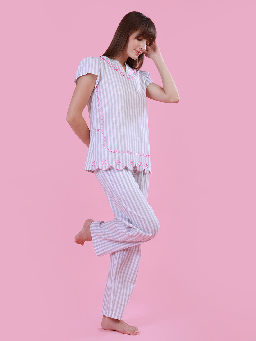 Grey Striper Nightwear with Embroidery for women
