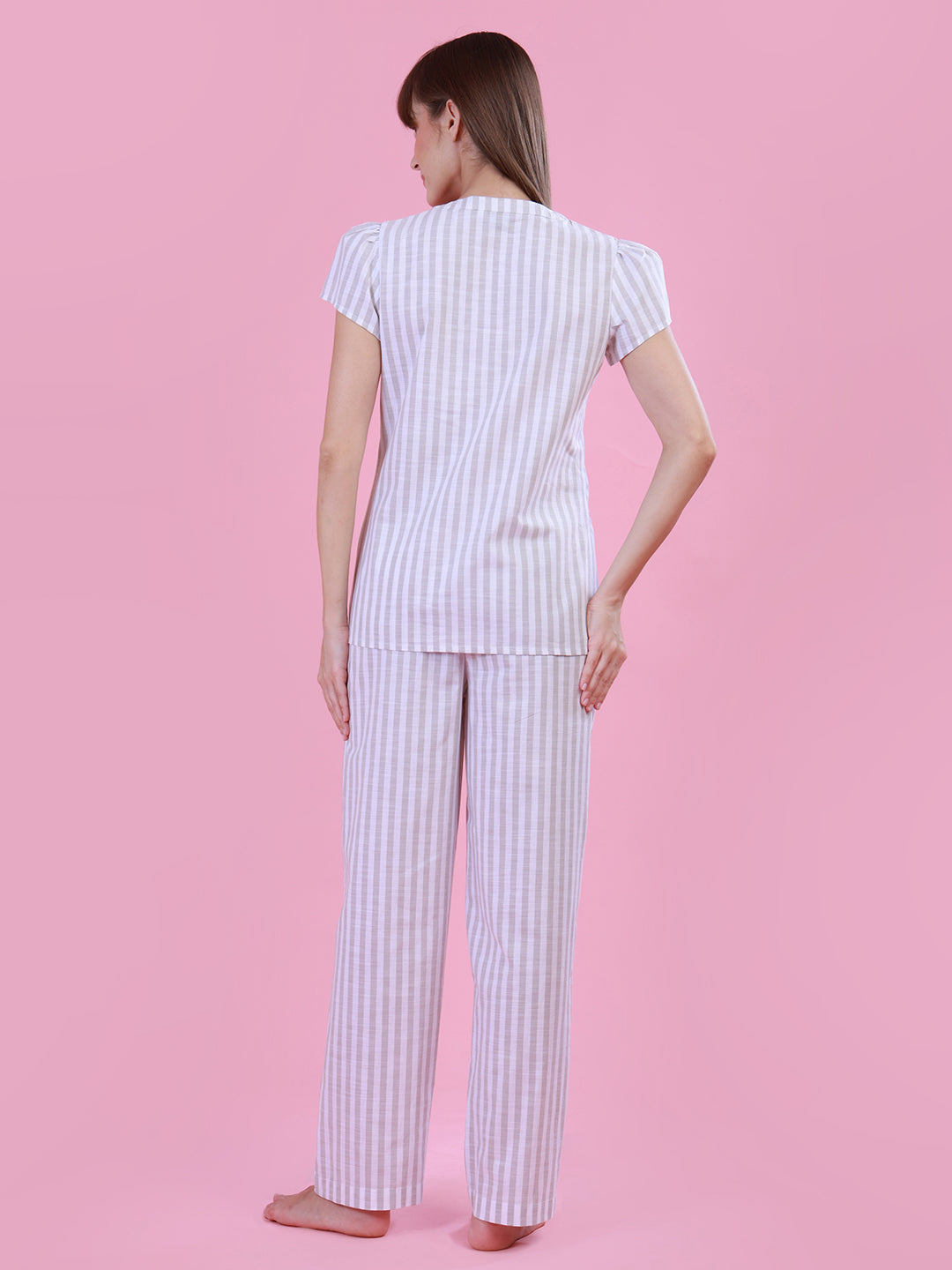 Grey Striper Nightwear with Embroidery for women