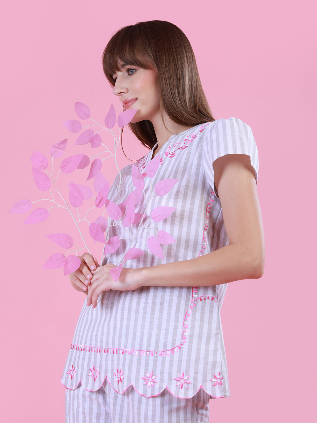 Grey Striper Nightwear with Embroidery for women