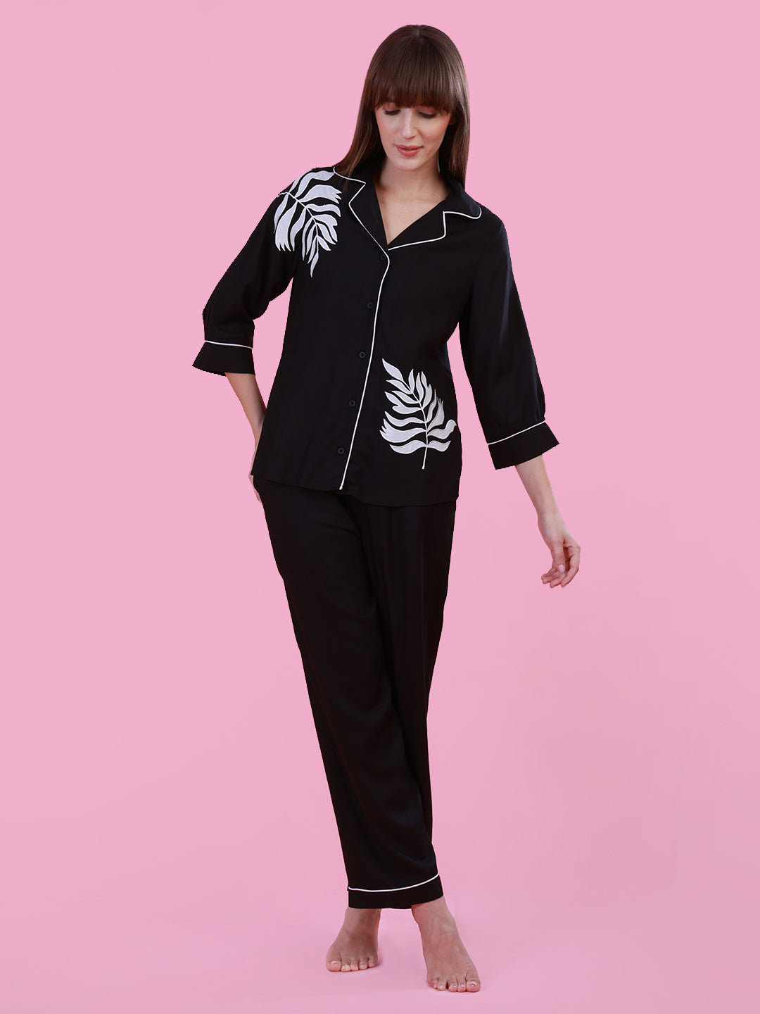 Black Nightwear with Leafy Detail for Women