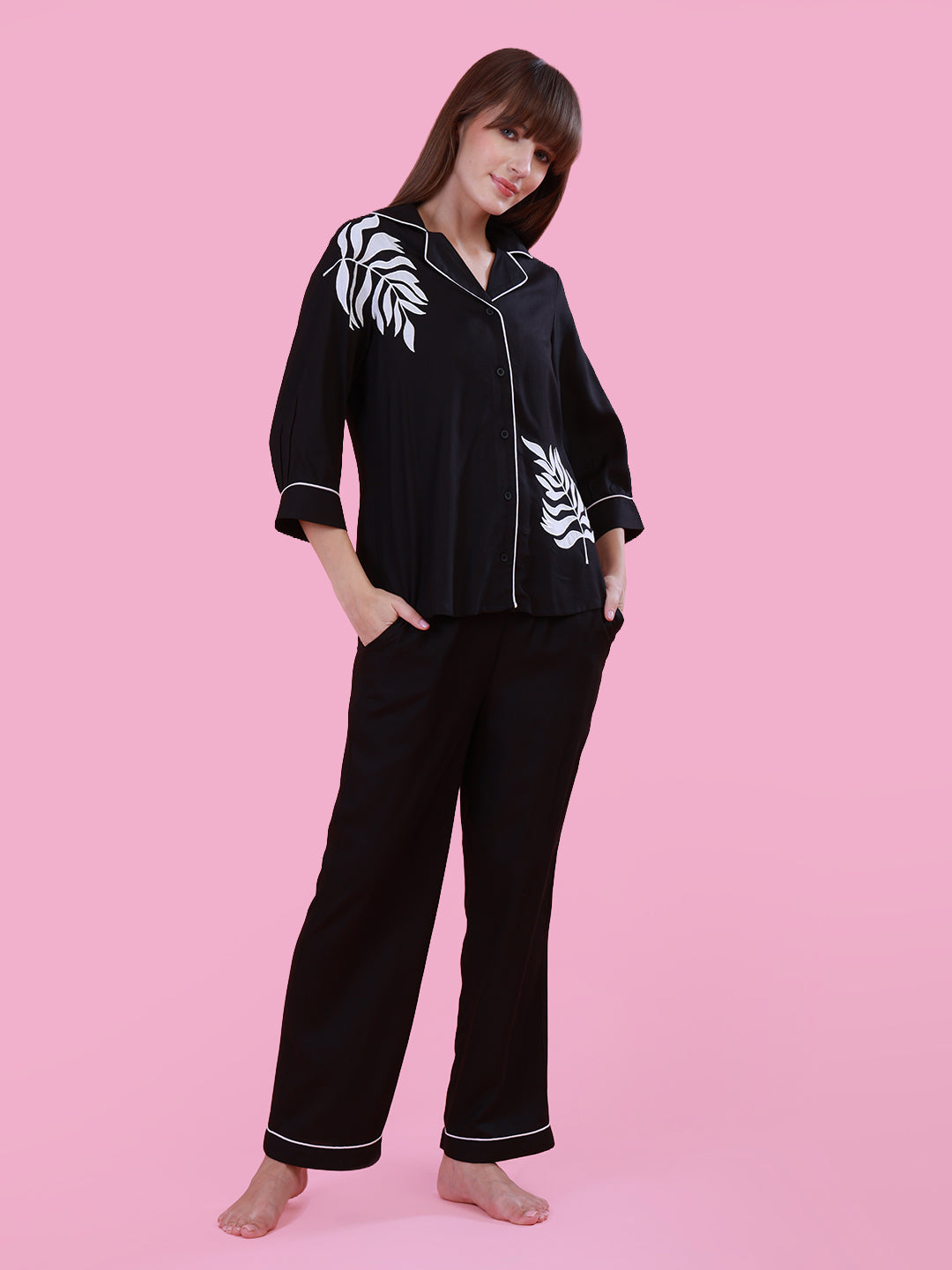 Black Nightwear with Leafy Detail for Women