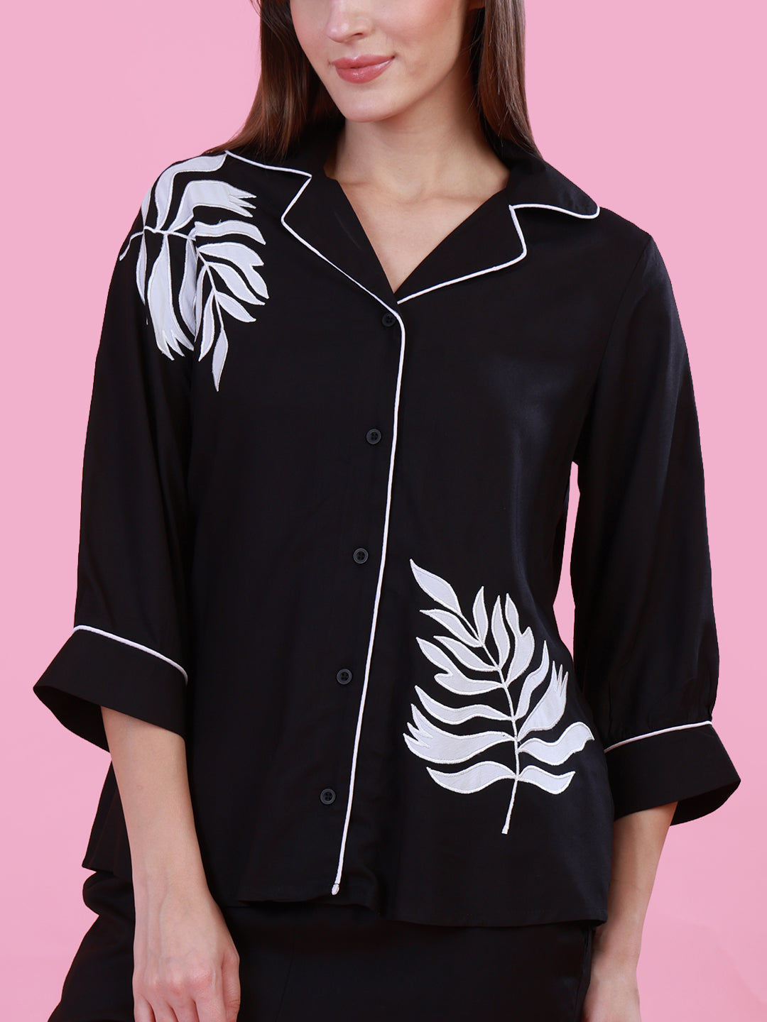 Black Nightwear with Leafy Detail for Women