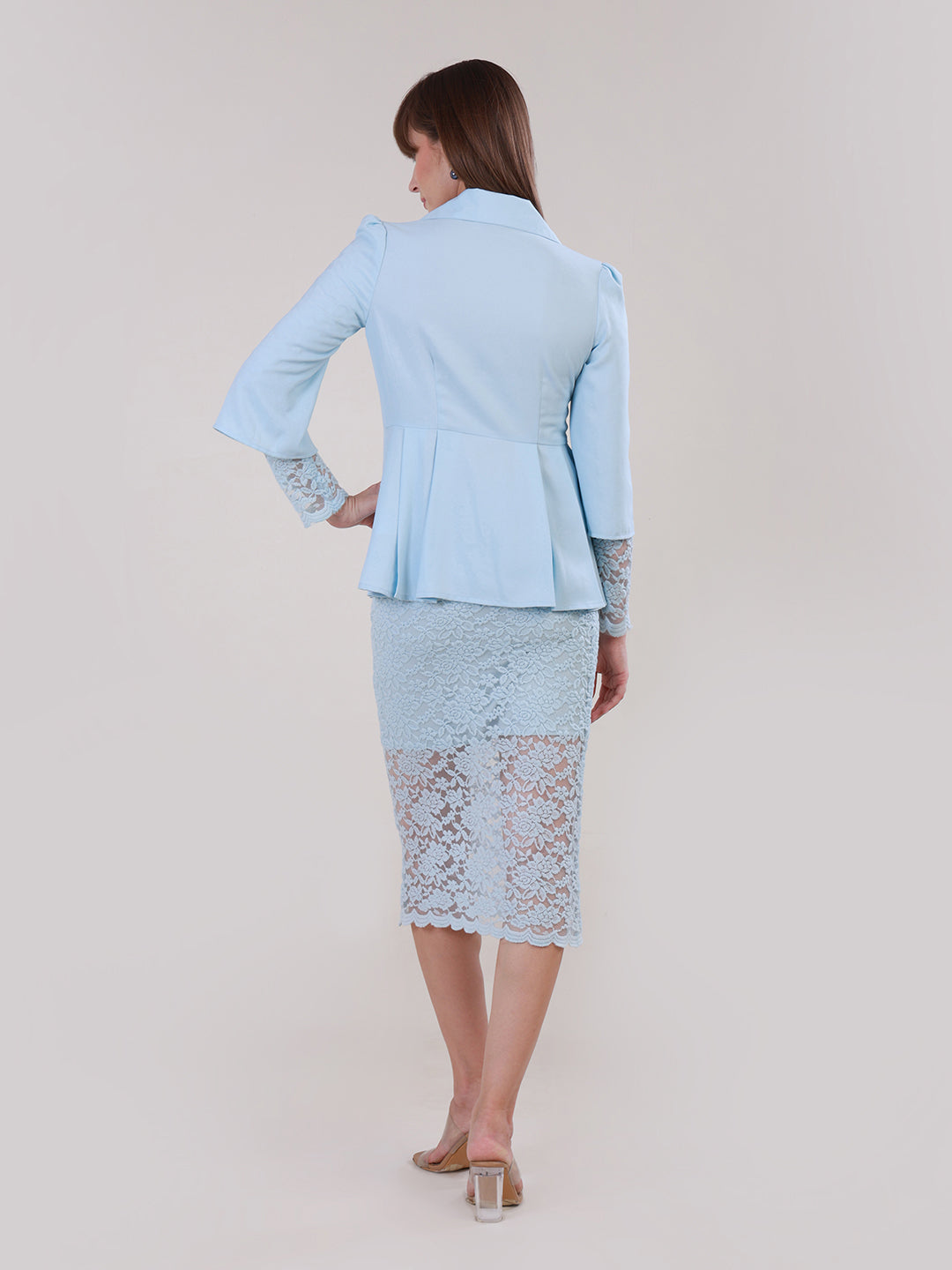 Sky Blue Peplum Blazer & Lace Pencil Skirt
