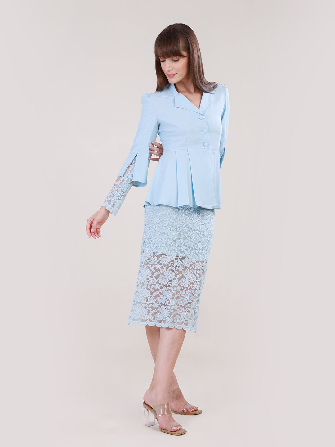 Sky Blue Peplum Blazer & Lace Pencil Skirt