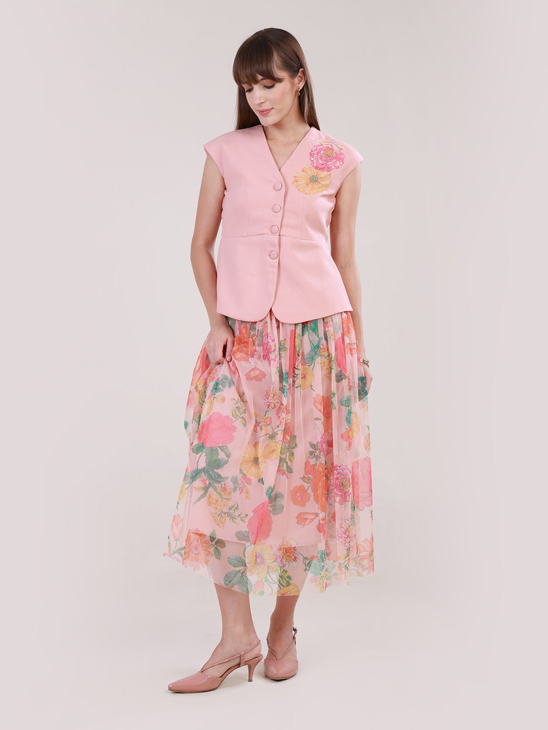 Peach Sorbet Swirl Skirt Set for Women