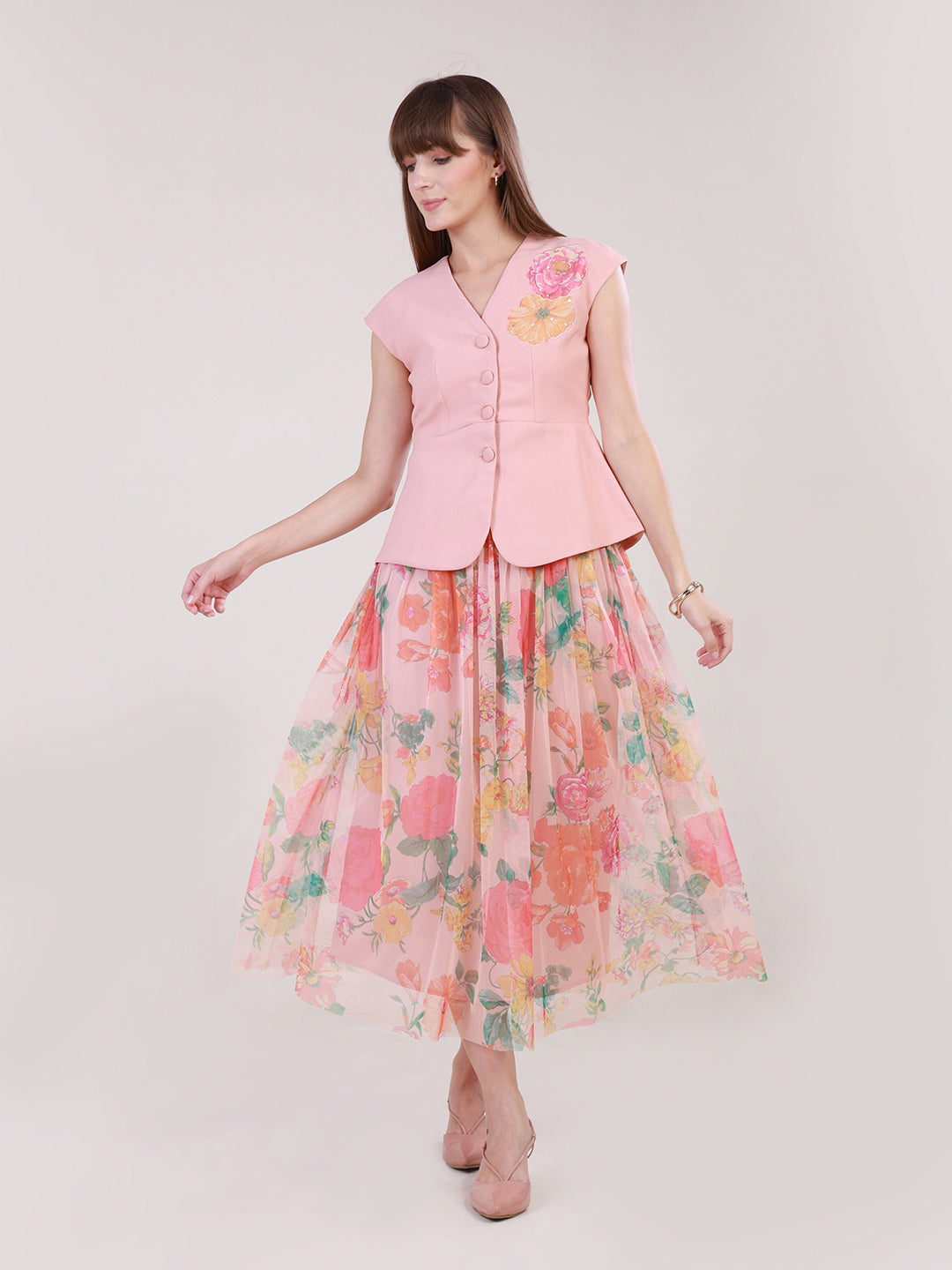 Peach Sorbet Swirl Skirt Set for Women