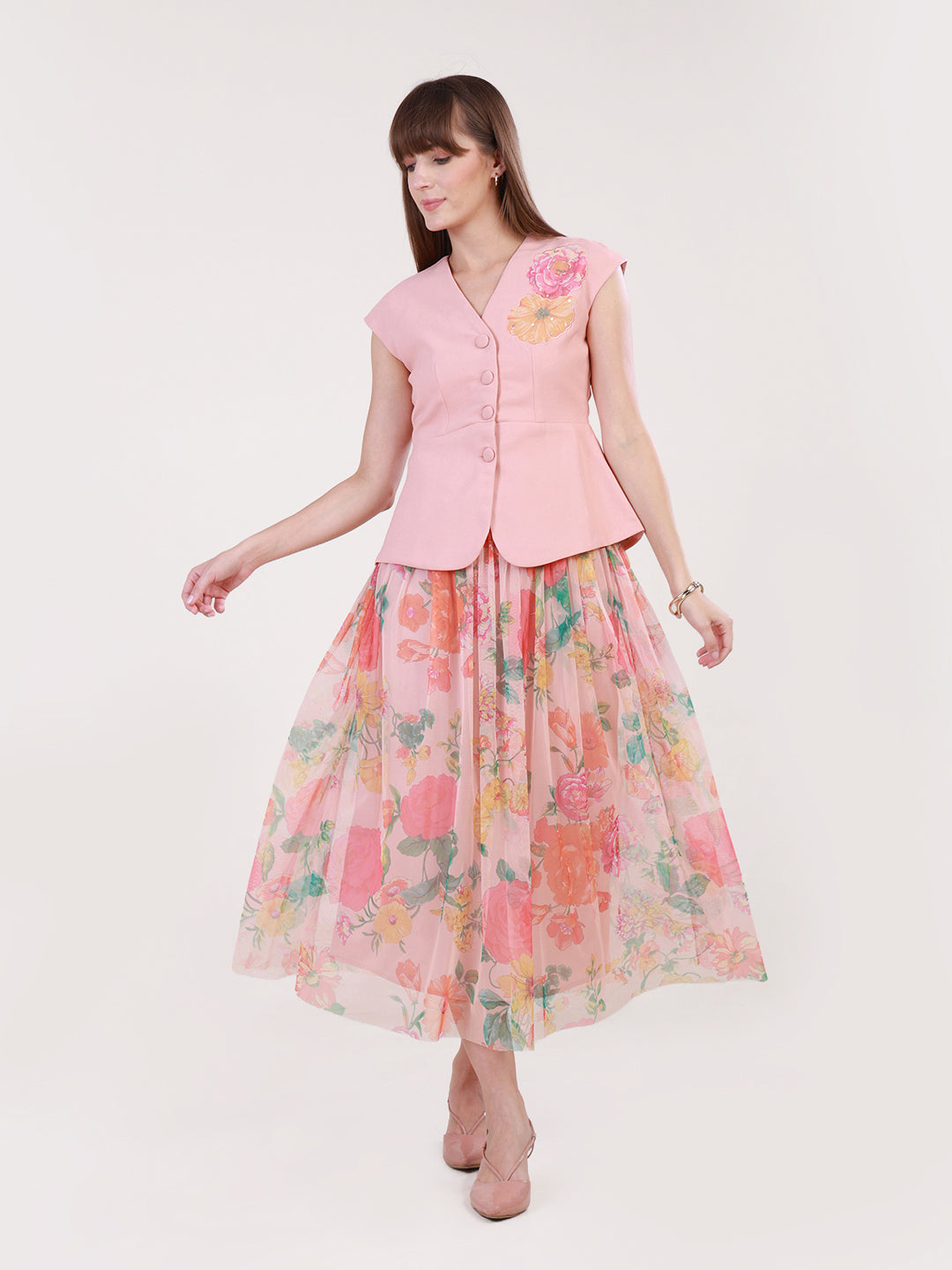 Peach Sorbet Swirl Skirt Set for Women