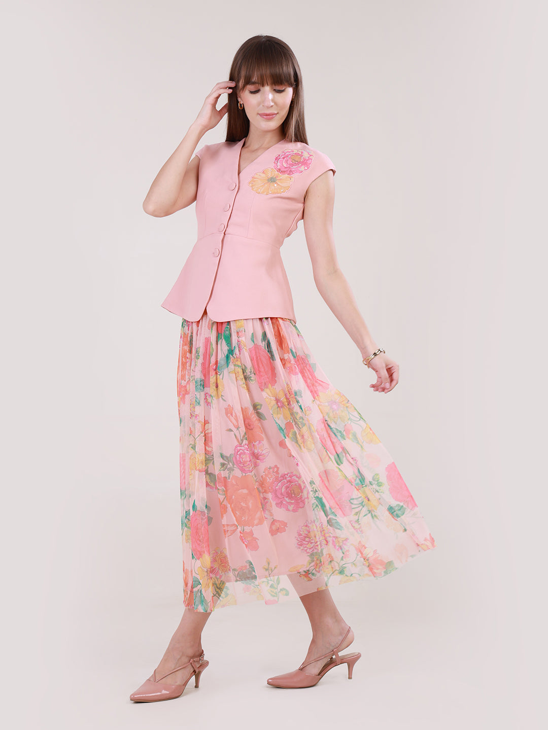 Peach Sorbet Swirl Skirt Set for Women