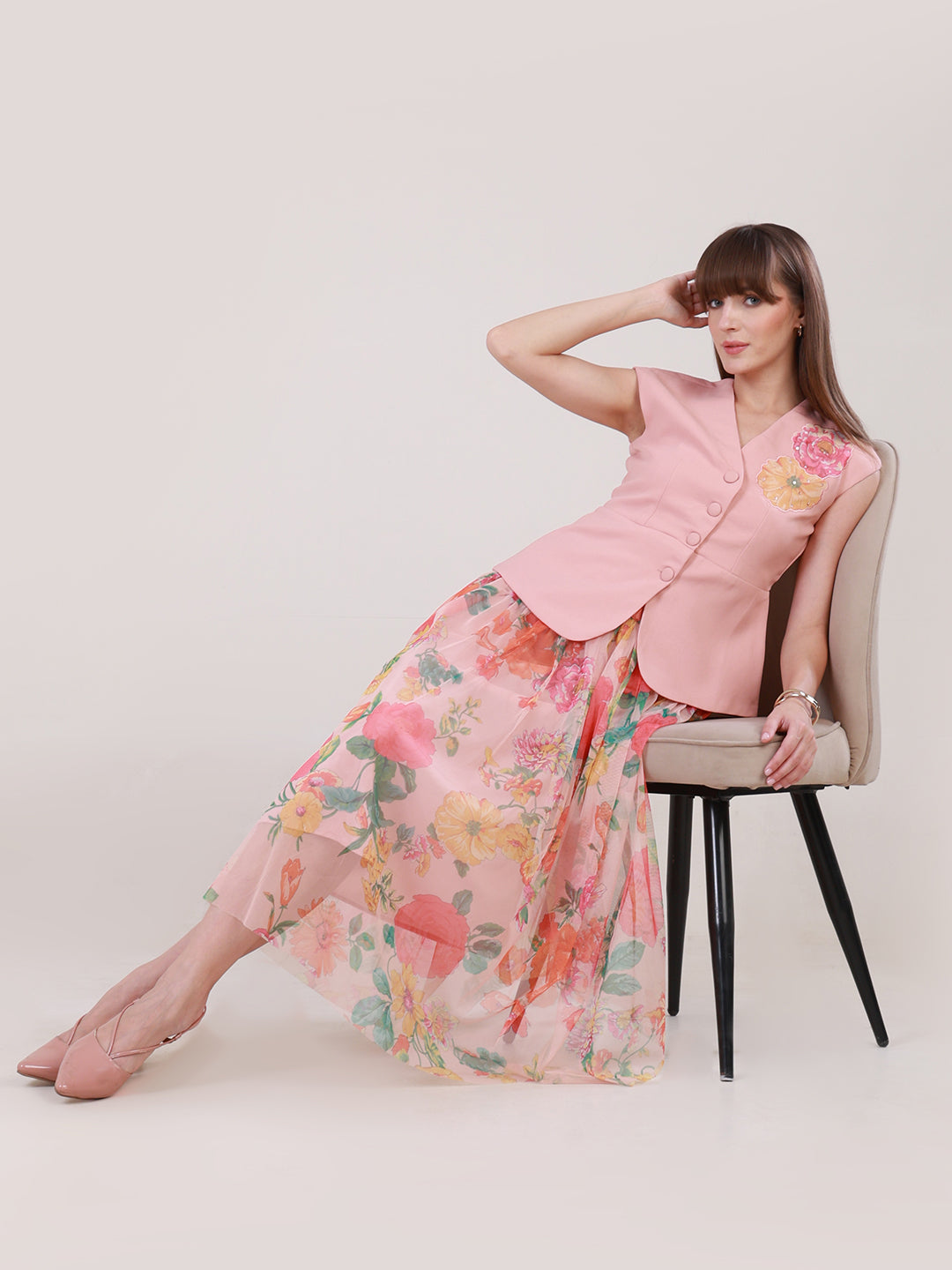 Peach Sorbet Swirl Skirt Set for Women