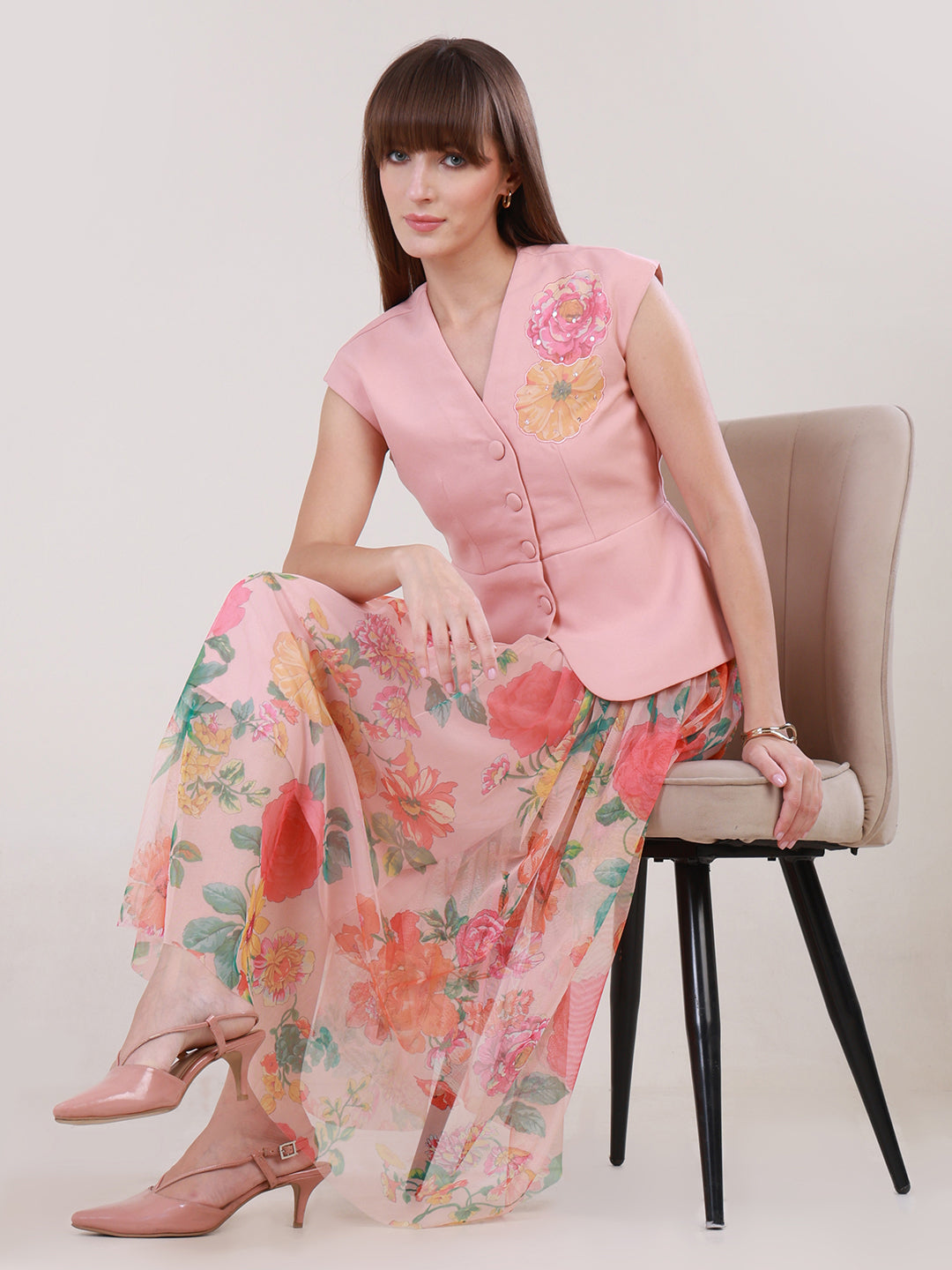 Peach Sorbet Swirl Skirt Set for Women