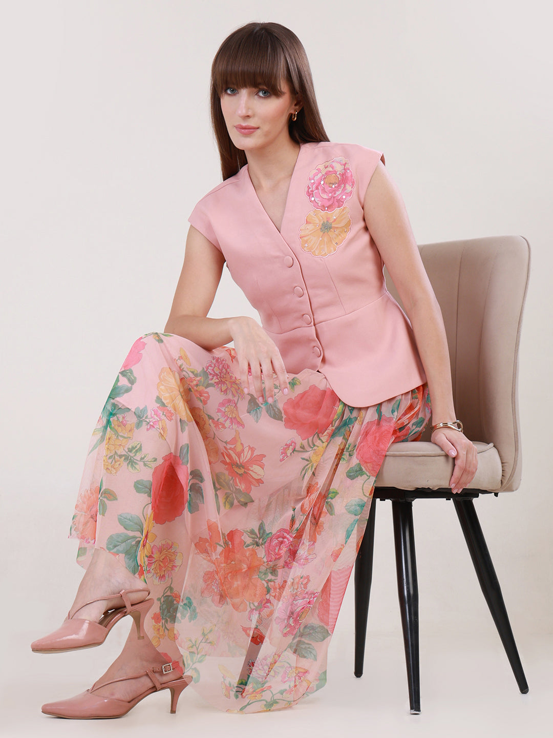 Peach Sorbet Swirl Skirt Set for Women