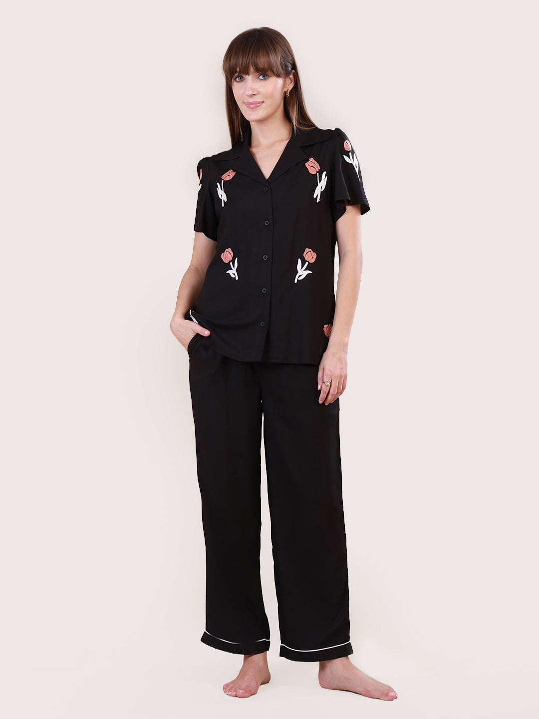 Floral Embroidered Black Nightwear set for women