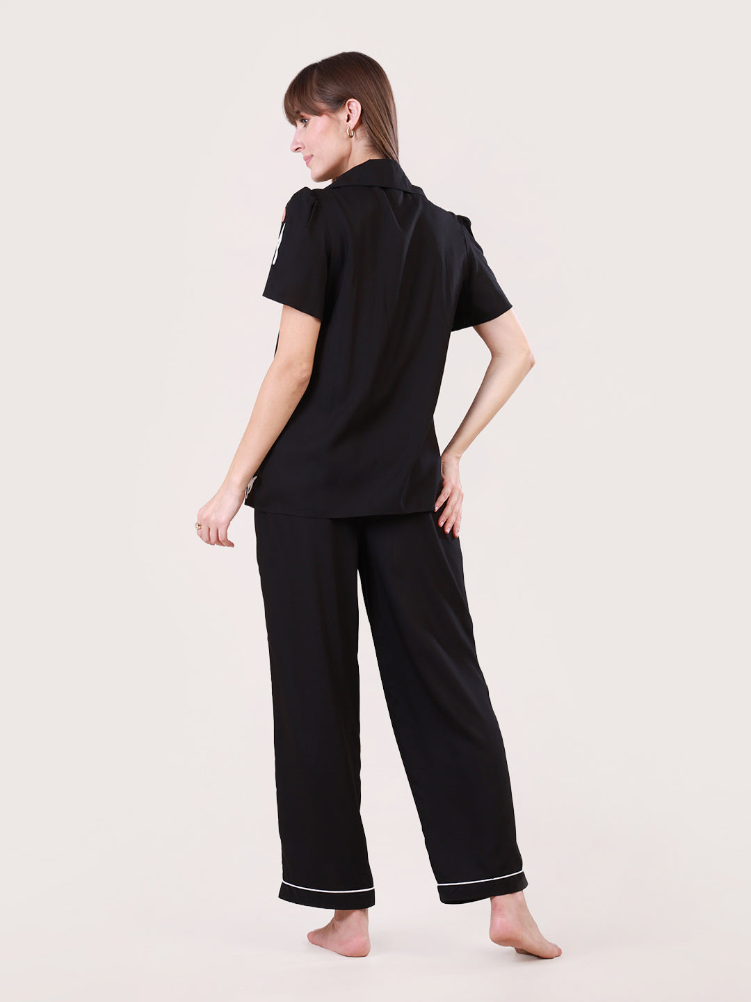 Floral Embroidered Black Nightwear set for women