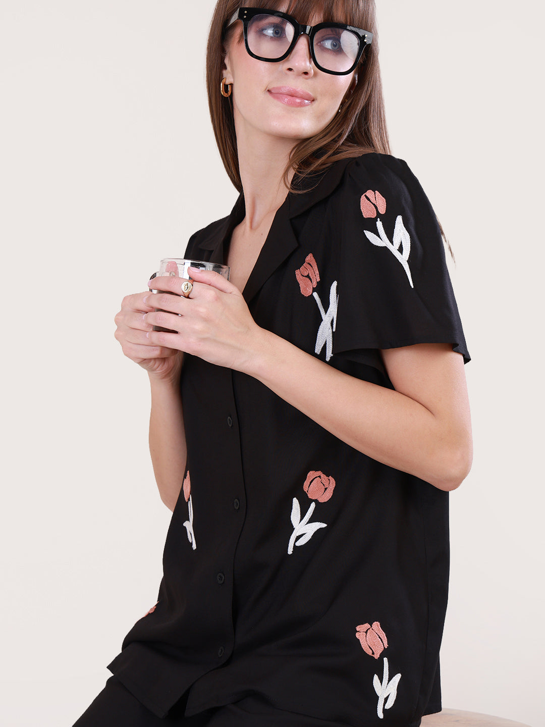 Floral Embroidered Black Nightwear set for women