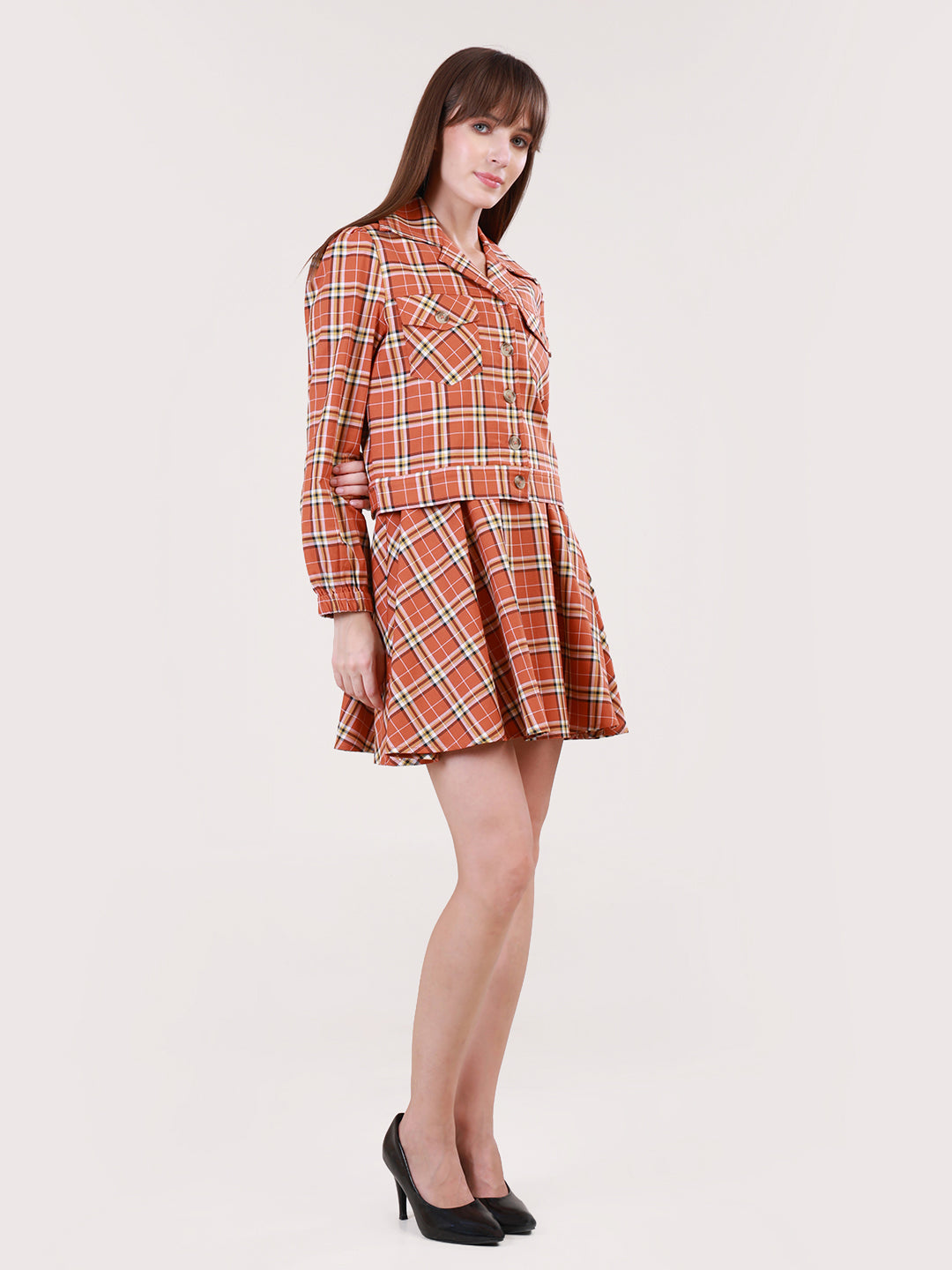 Orange Rock Chick Checkered Jacket with Dress for women