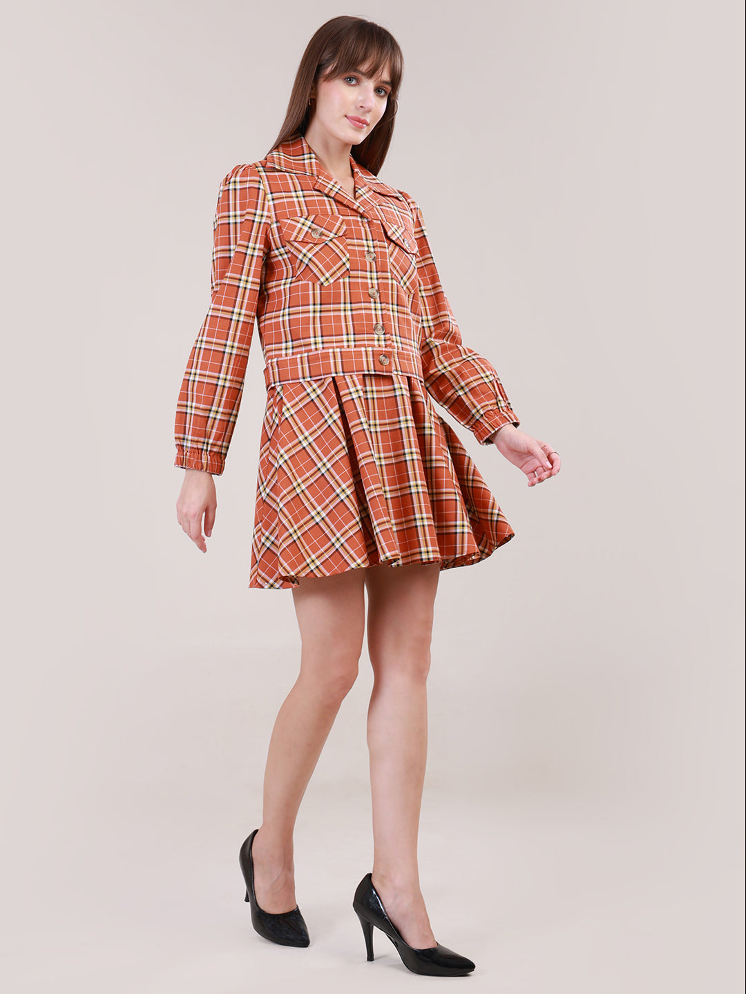 Orange Rock Chick Checkered Jacket with Dress for women