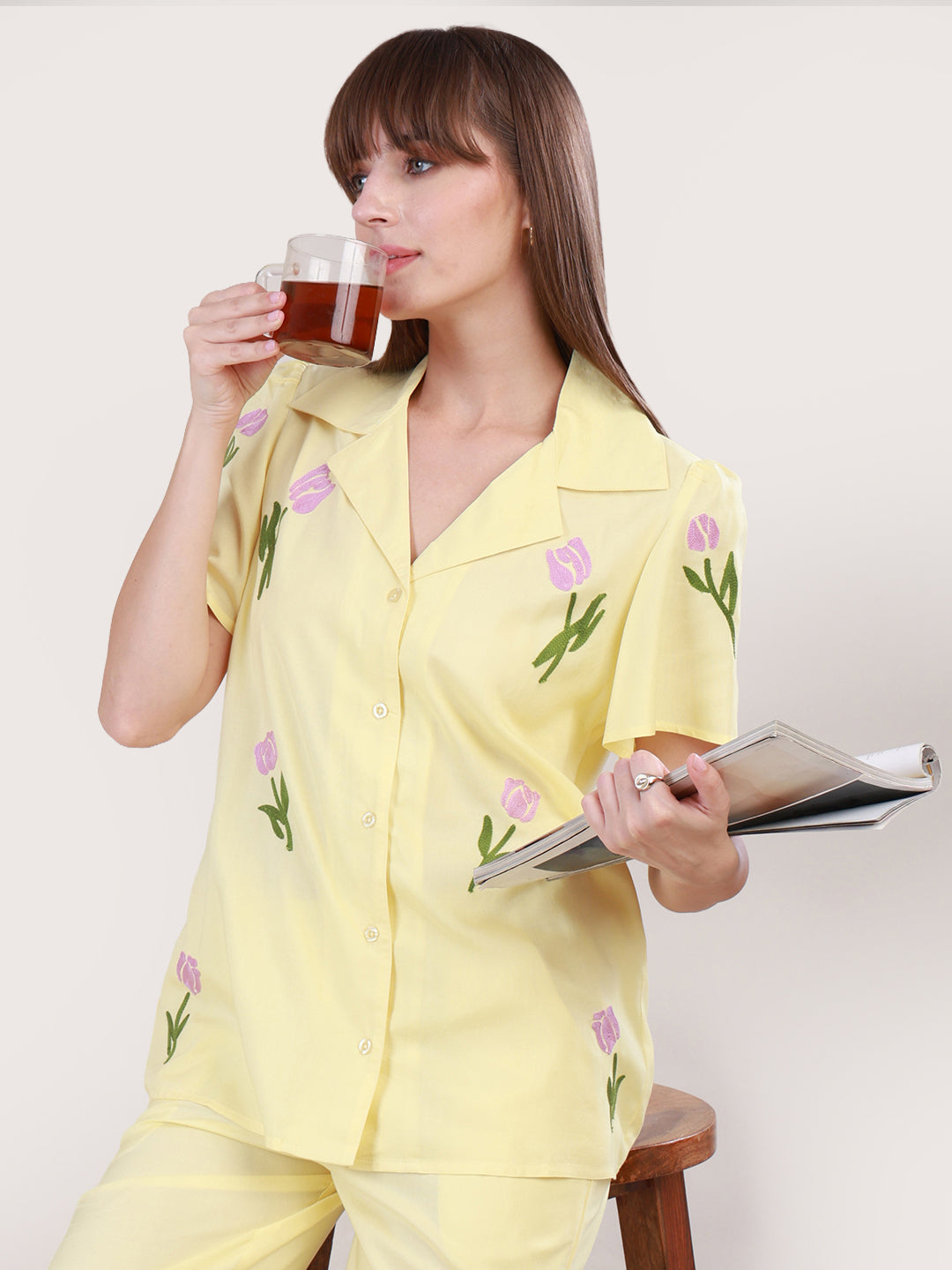 Lemon Yellow Floral Pyjama Set