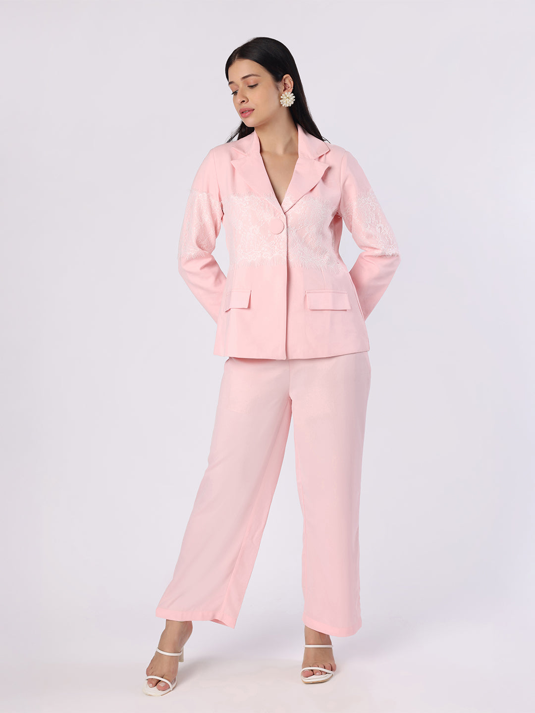 Light Pink Lace Patch Blazer Trouser Set