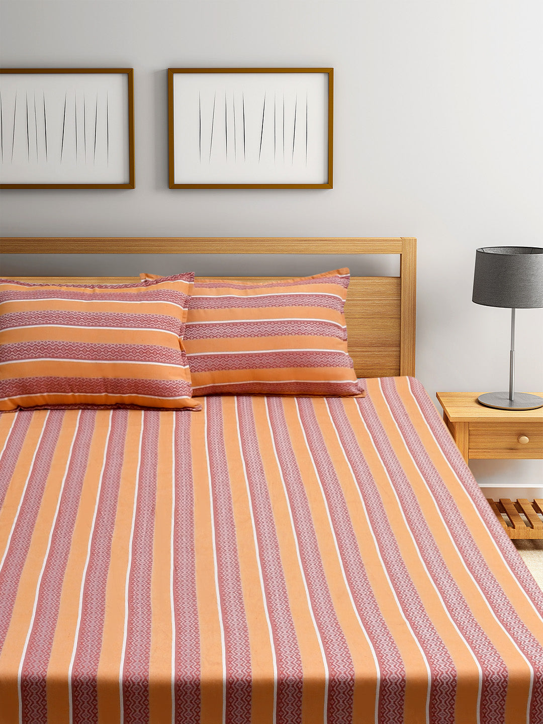 Blanc9 Sunrise Jacquard Orange Cotton Double Bedsheet with Pillows