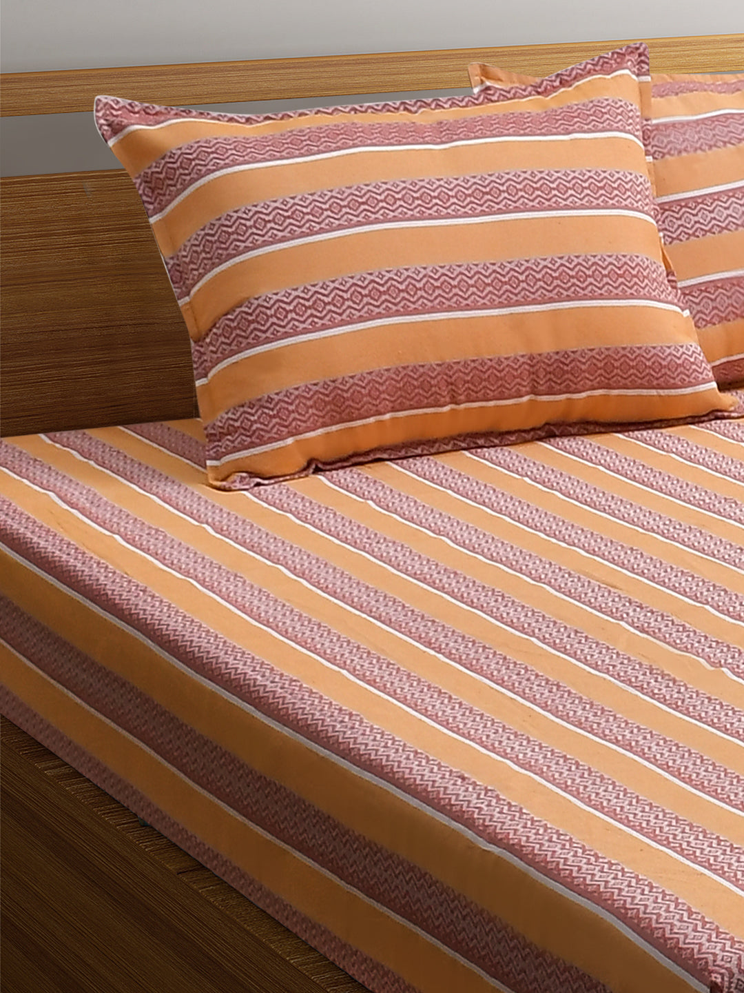 Sunrise Jacquard Orange Cotton Double Bedsheet with Pillows