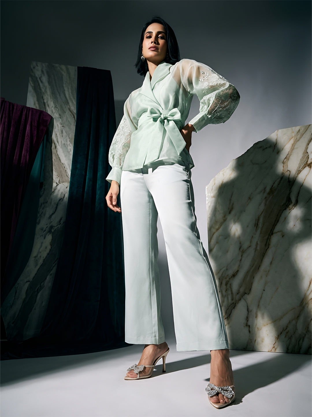 Greyish Green Organza Shaket  Co-ord Set