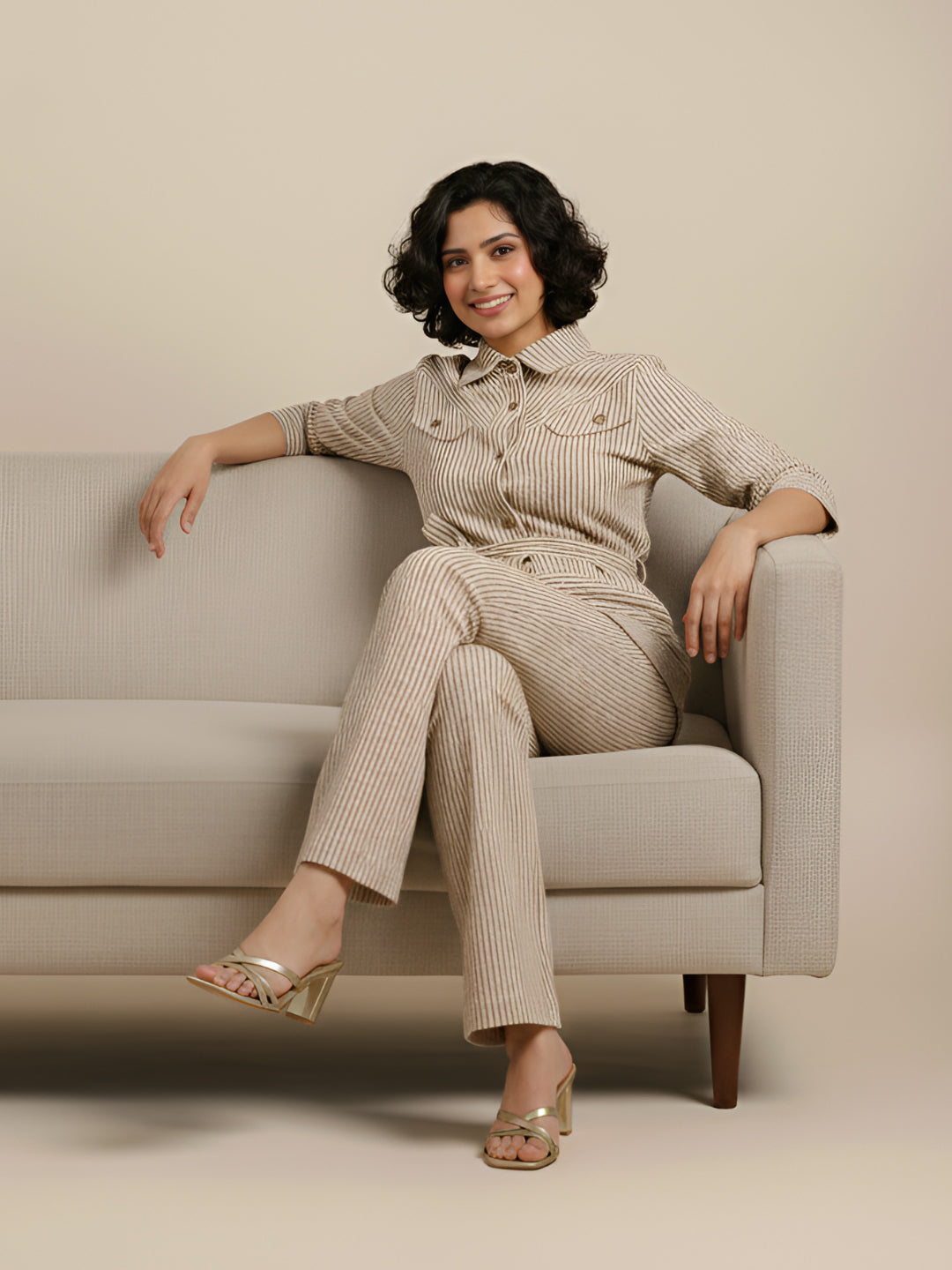 Striper Co-Ord Set With Gold Button Detail