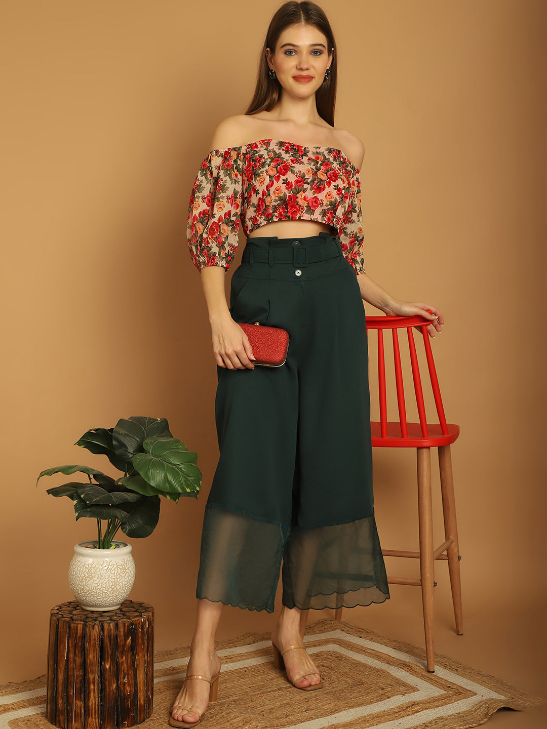 BLANC9 Floral Off-Shoulder Top With Organza Detail Trouser -B9ST174