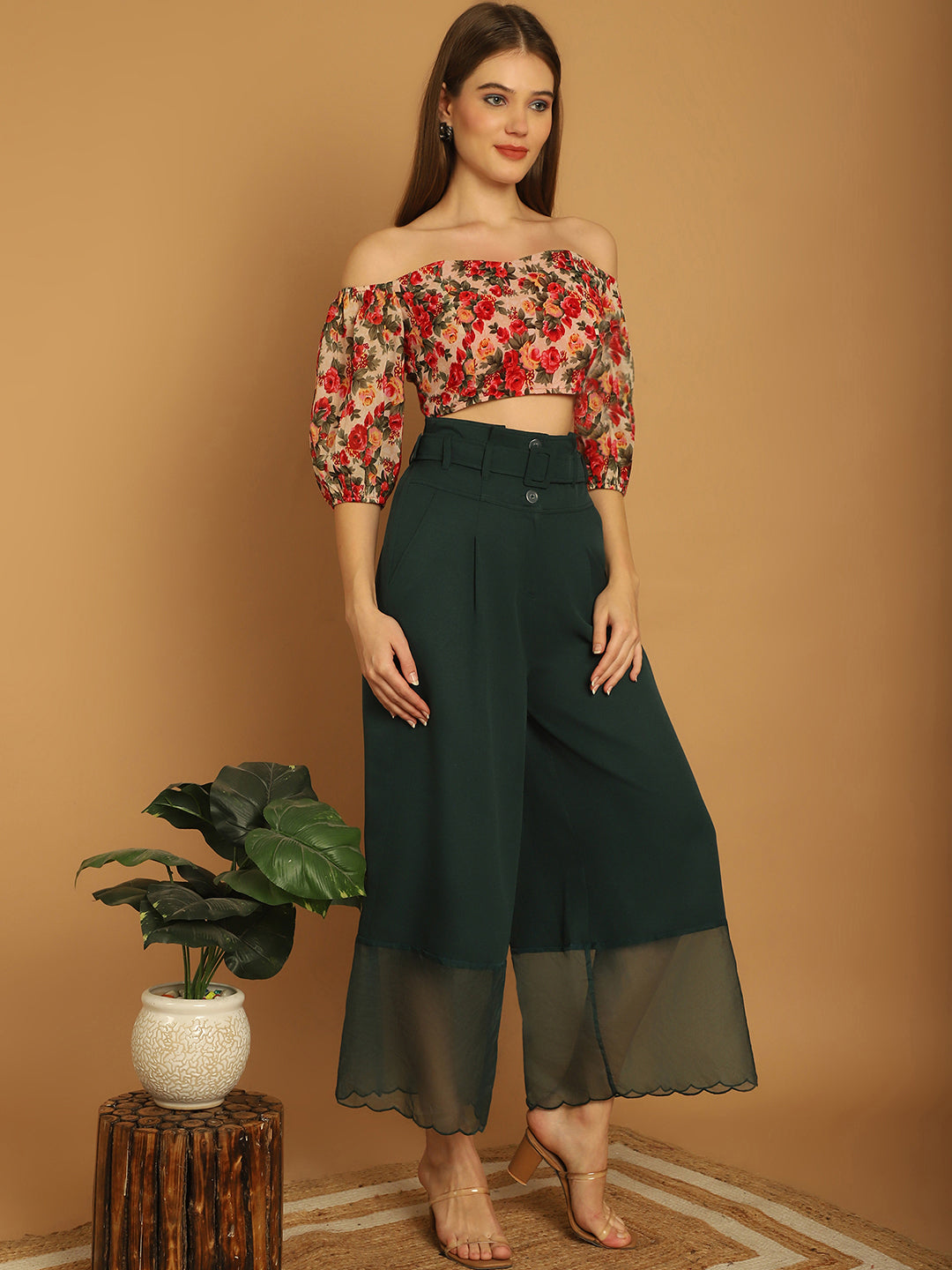 BLANC9 Floral Off-Shoulder Top With Organza Detail Trouser -B9ST174