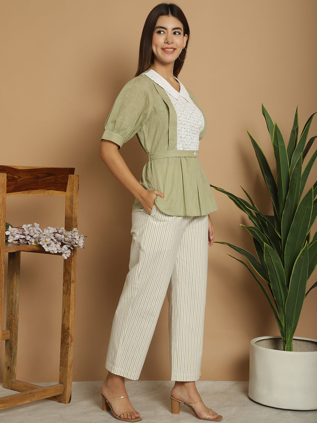 BLANC9 Laced Peter Pan Collar Top  With Stripe Trouser-B9ST177