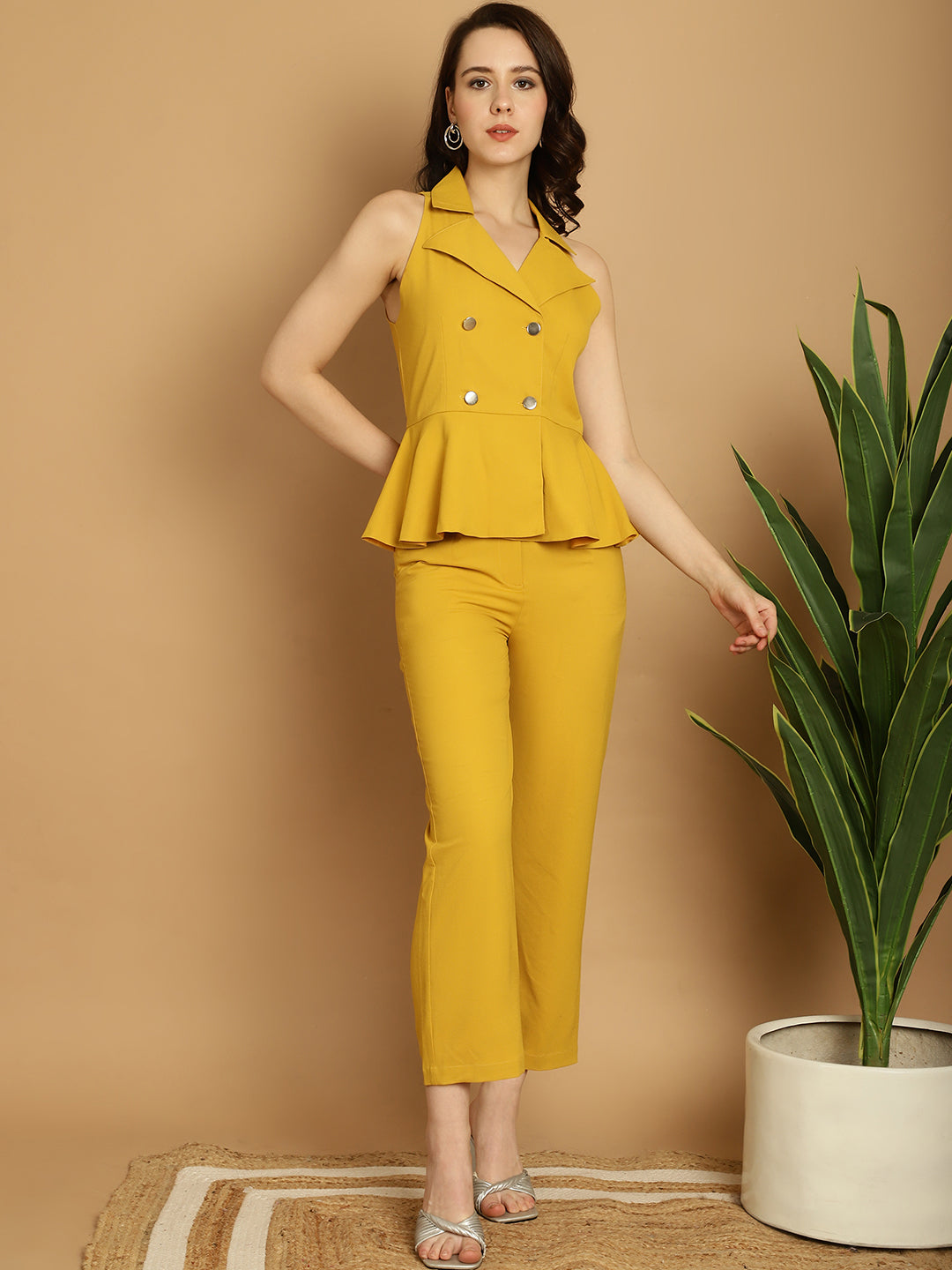 BLANC9 Mustard Yellow Peplum Blazer Top With Trouser -B9ST74Y