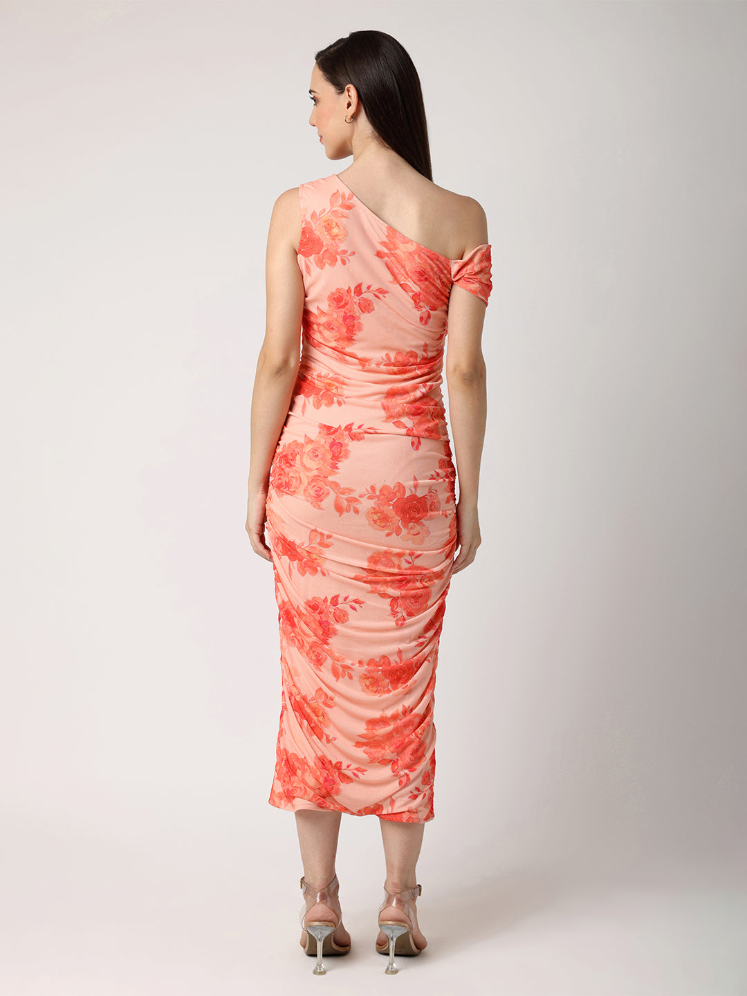 BLANC9OrangeFloralOneShoulderFittedDress