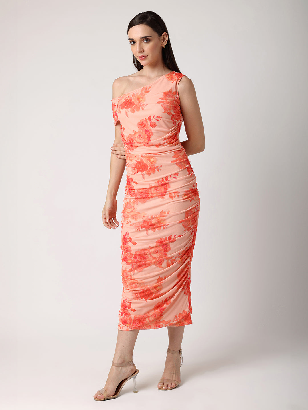 BLANC9OrangeFloralOneShoulderFittedDress